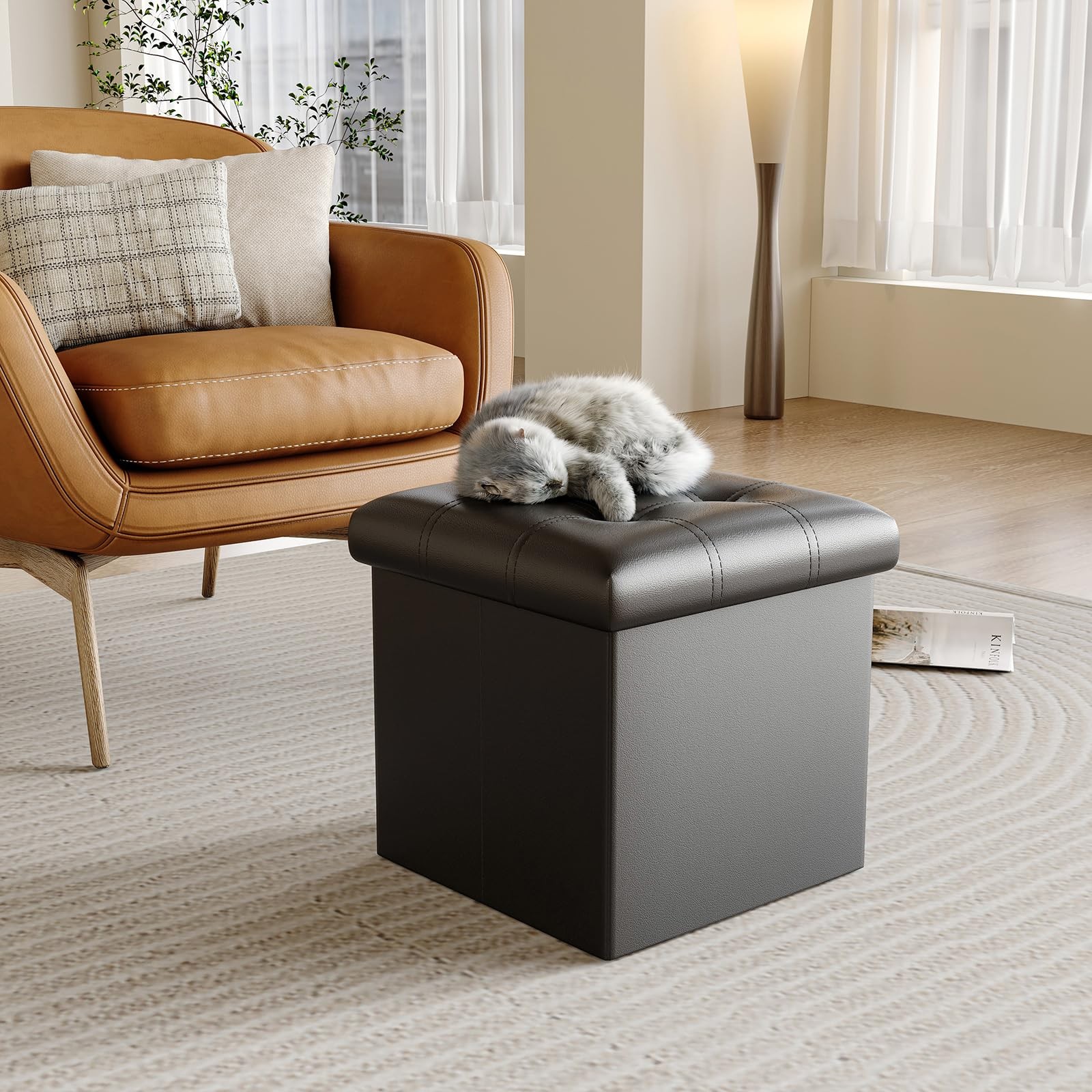 15 inches Folding Storage Ottoman, Cube Storage Boxes, Small Ottoman with Foa...