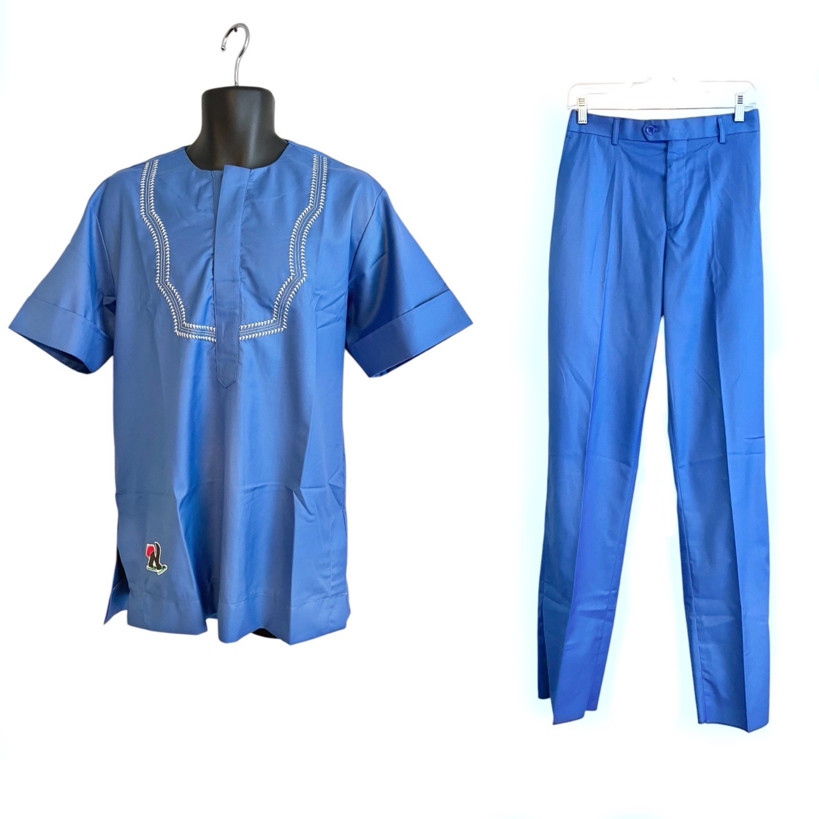 African Nigerian Senator Style Blue Top & Bottom Two Piece Outfit #1