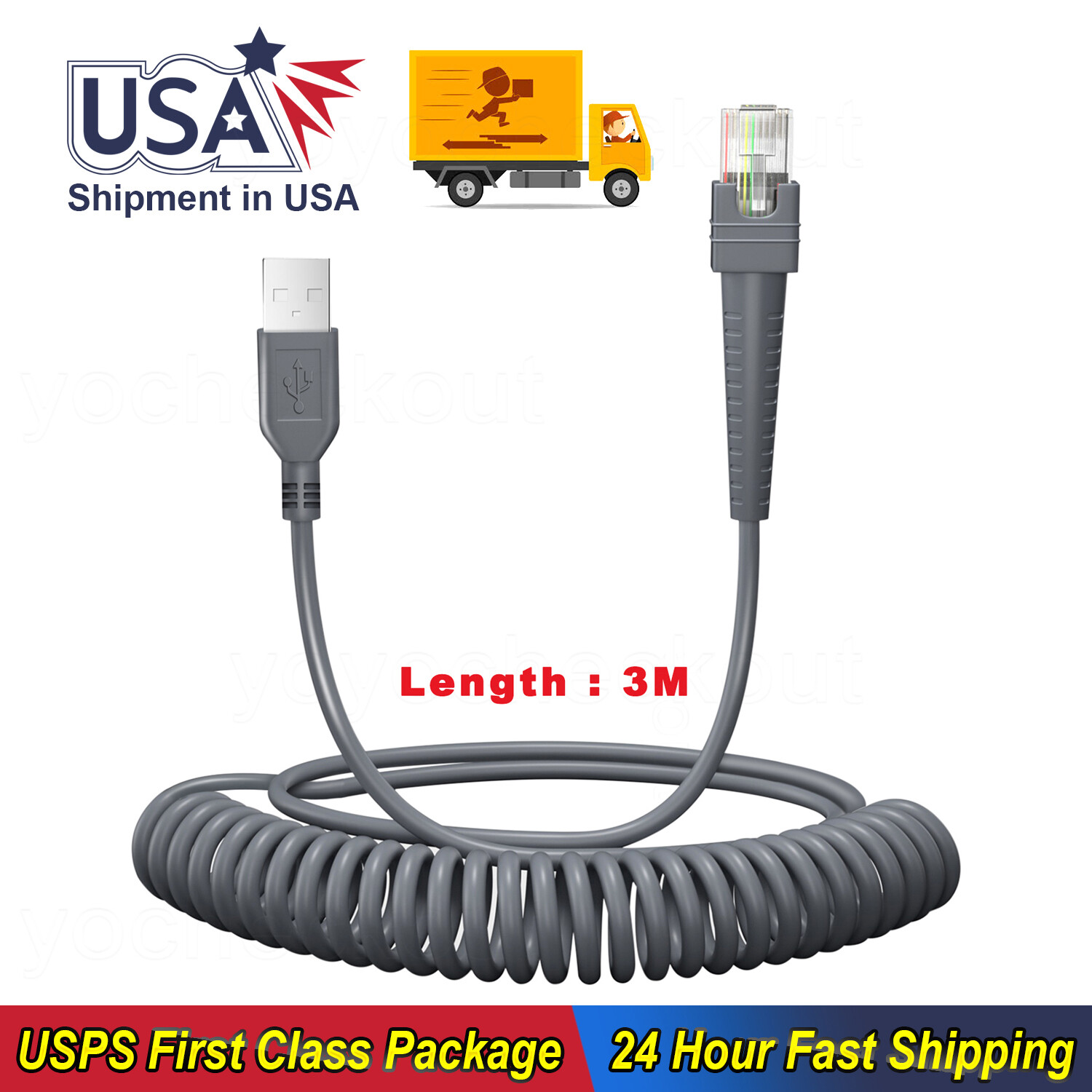 3M Scanner Coiled Cable  CBA-U12-C09ZAR For Zebra LM200X LS2200 LS6707 LS6708