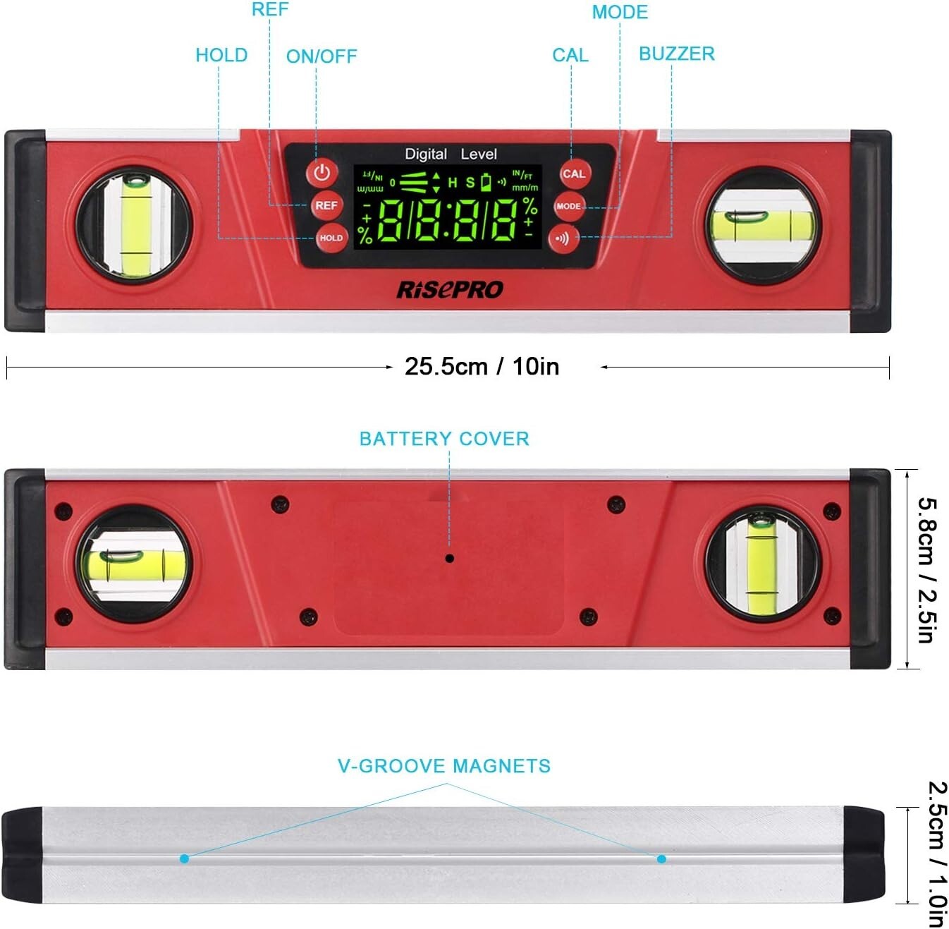 10-Inch Digital Torpedo Level and Protractor IP54 Protected Electronic Bubble