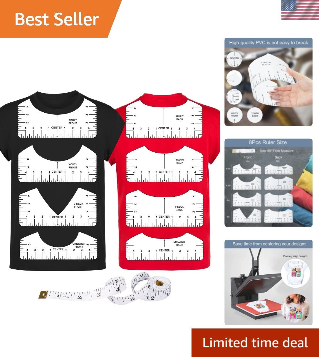 9Pcs Tshirt-Ruler Guide to Center Vinyl, Transparent V-Neck/Round PVC Ruler f...
