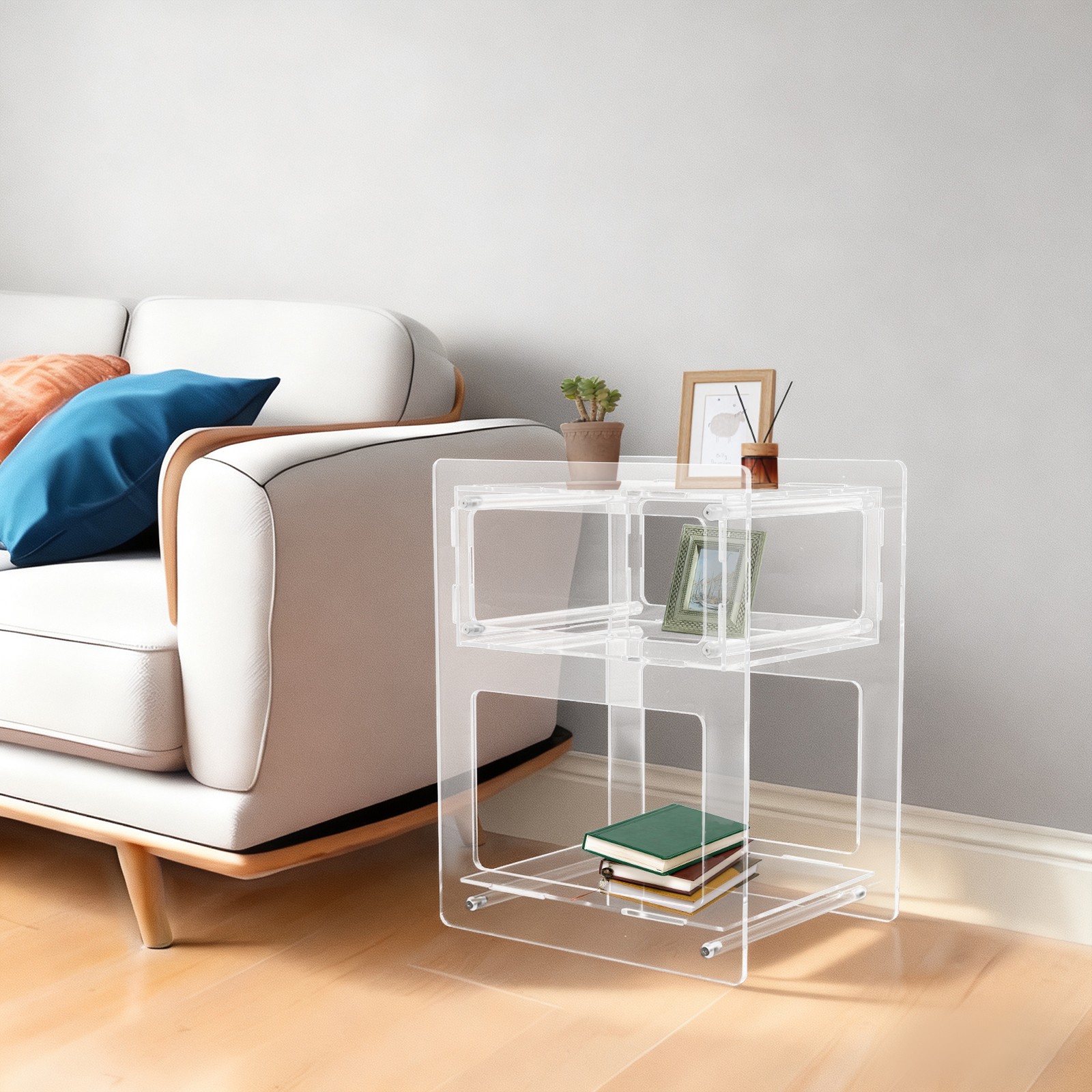 Free Standing Acrylic Side Table Acrylic Nightstand Rectangle Storage Shelf
