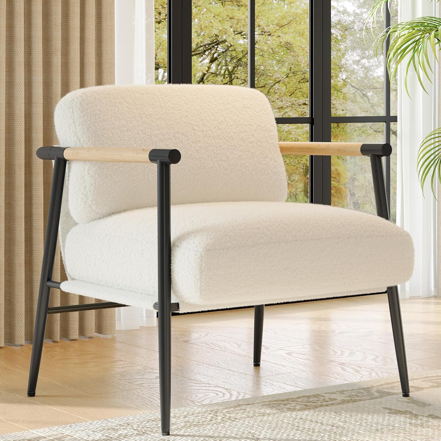 GarveeHome Comfy Chair Metal Frame Reading Chair Soft Cushion Wood Armrest BEIGE