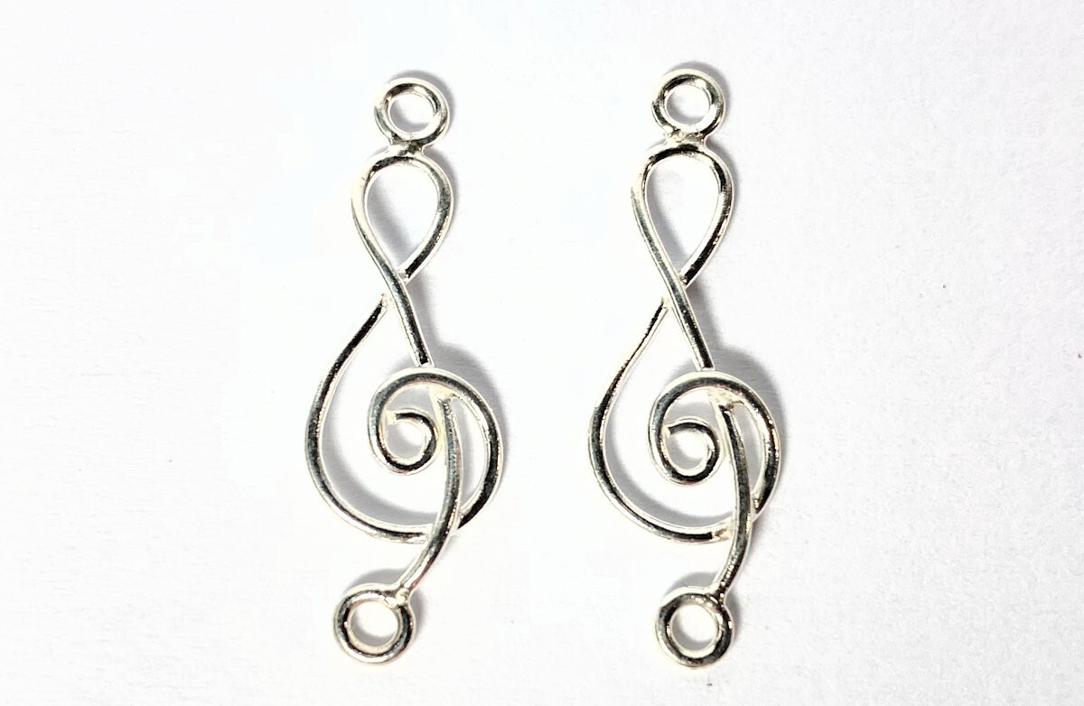 2 Sterling Silver 17x8mm Treble Clef Music Note with Loops Earring Connecters *