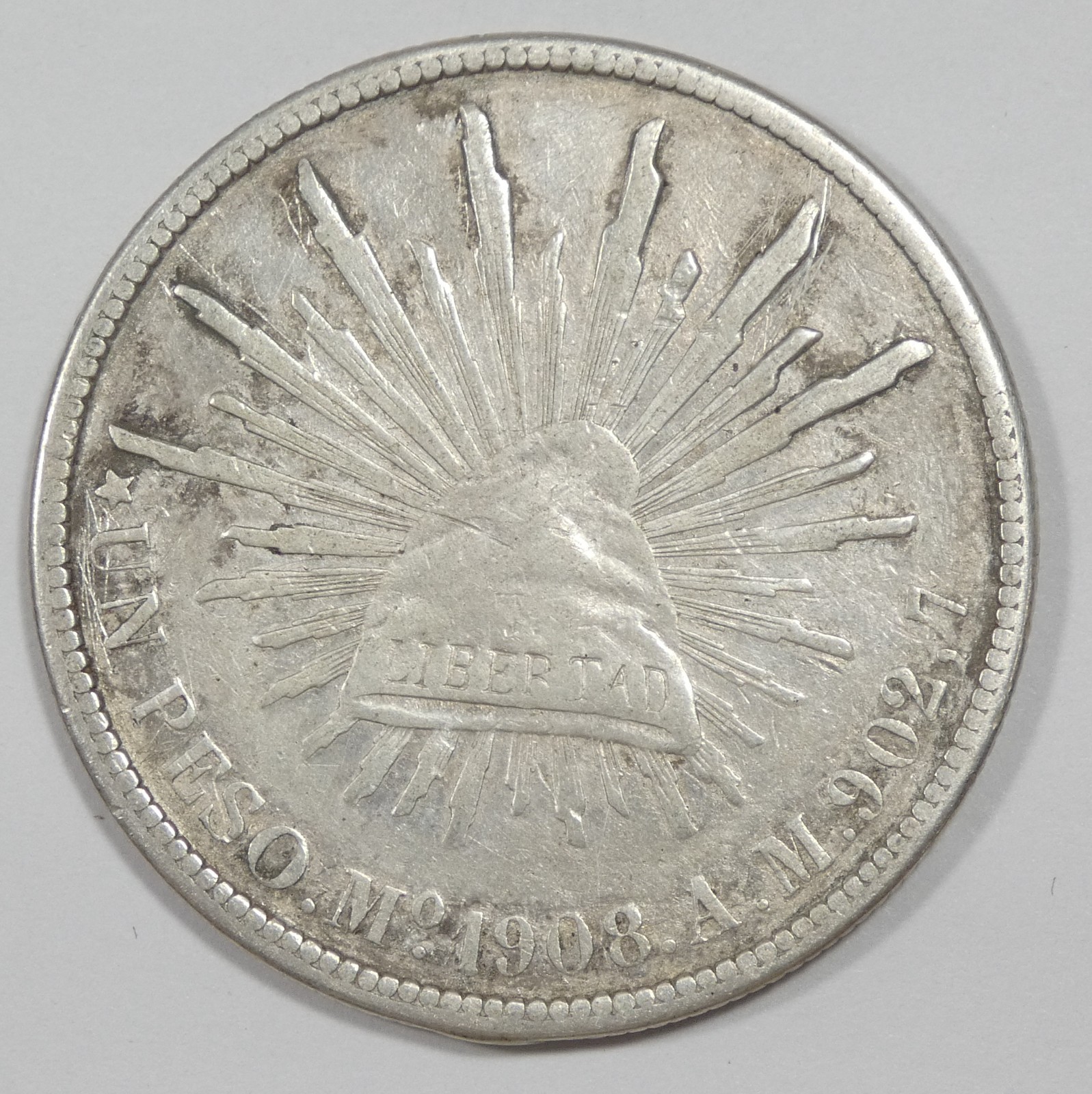 1908 Mo MEXICO Silver 1 Peso Coin VERY FINE