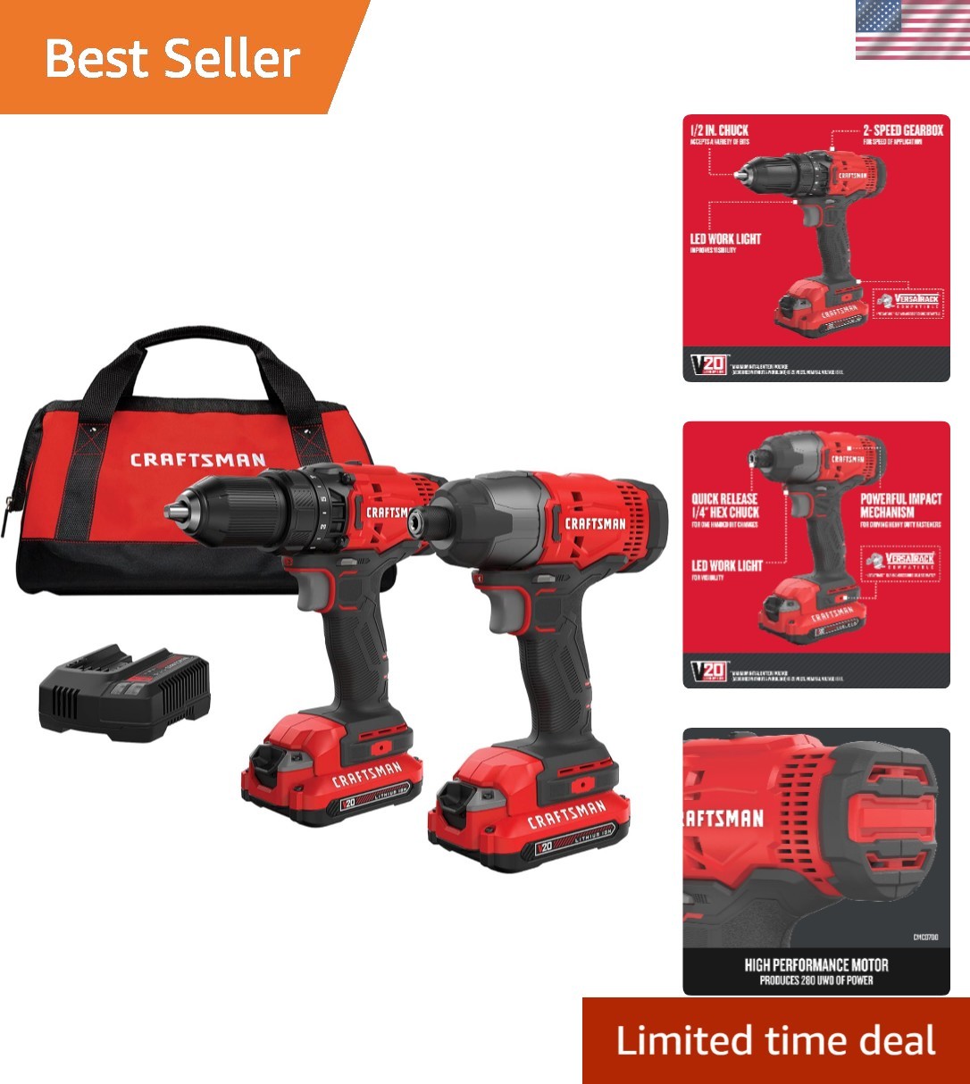 V20 MAX Cordless Drill and Impact Driver Combo Kit in Power Tool Set