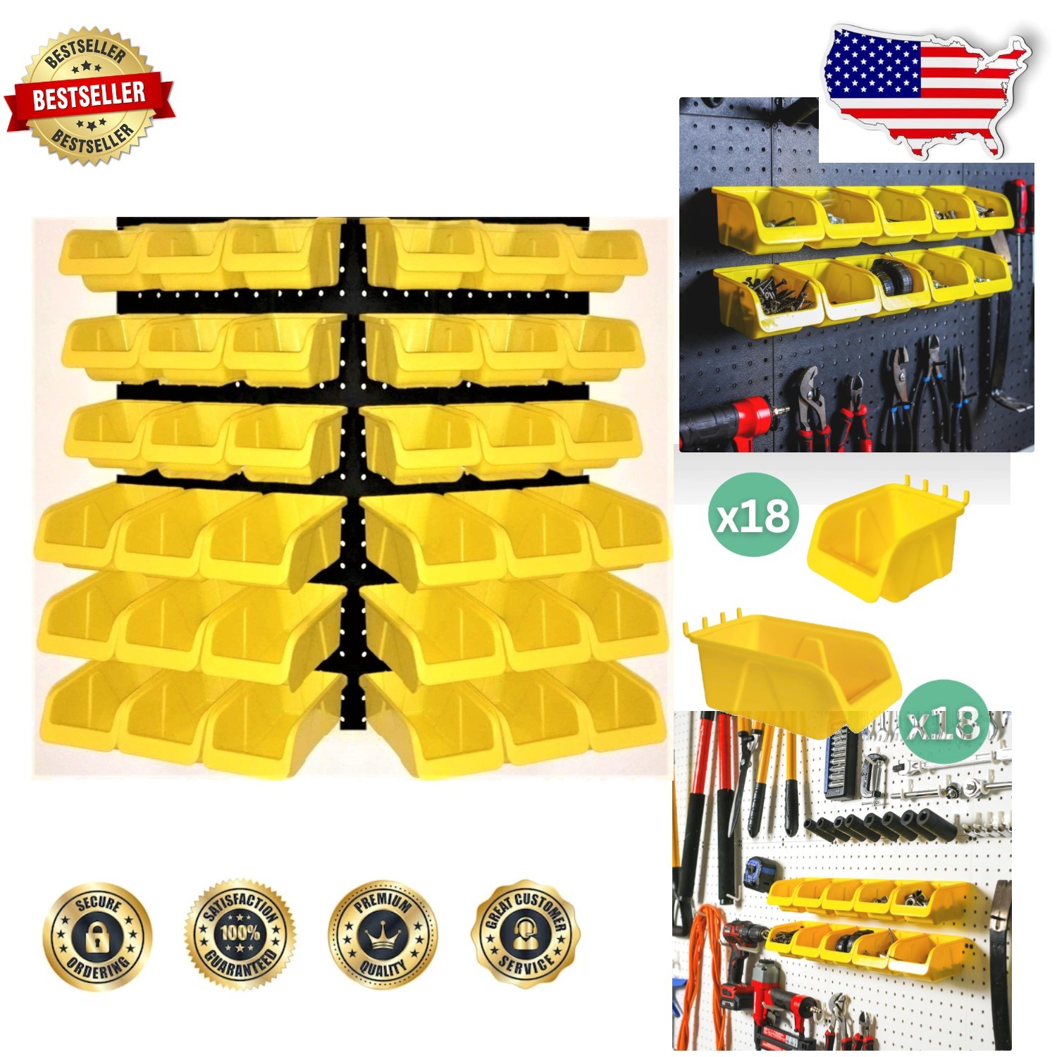 Heavy Duty Pegboard Bin Kit 36pc Yellow - Garage Workshop Craft Organizer