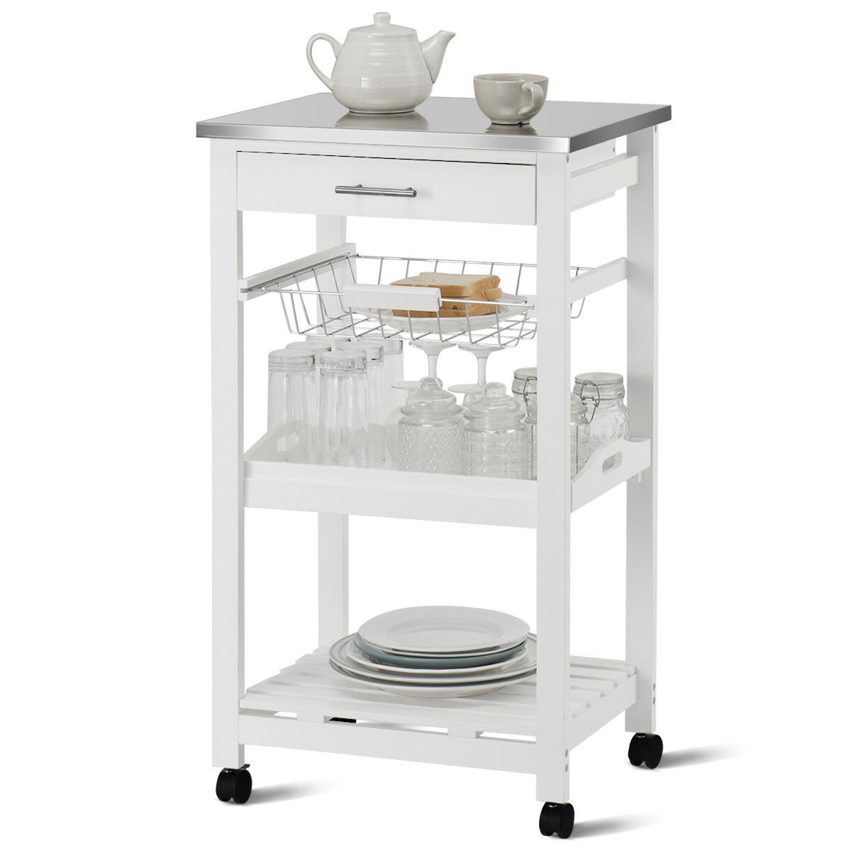 Costway Rolling Kitchen Trolley Cart Stainless Tabletop W/Storage Basket Drawers
