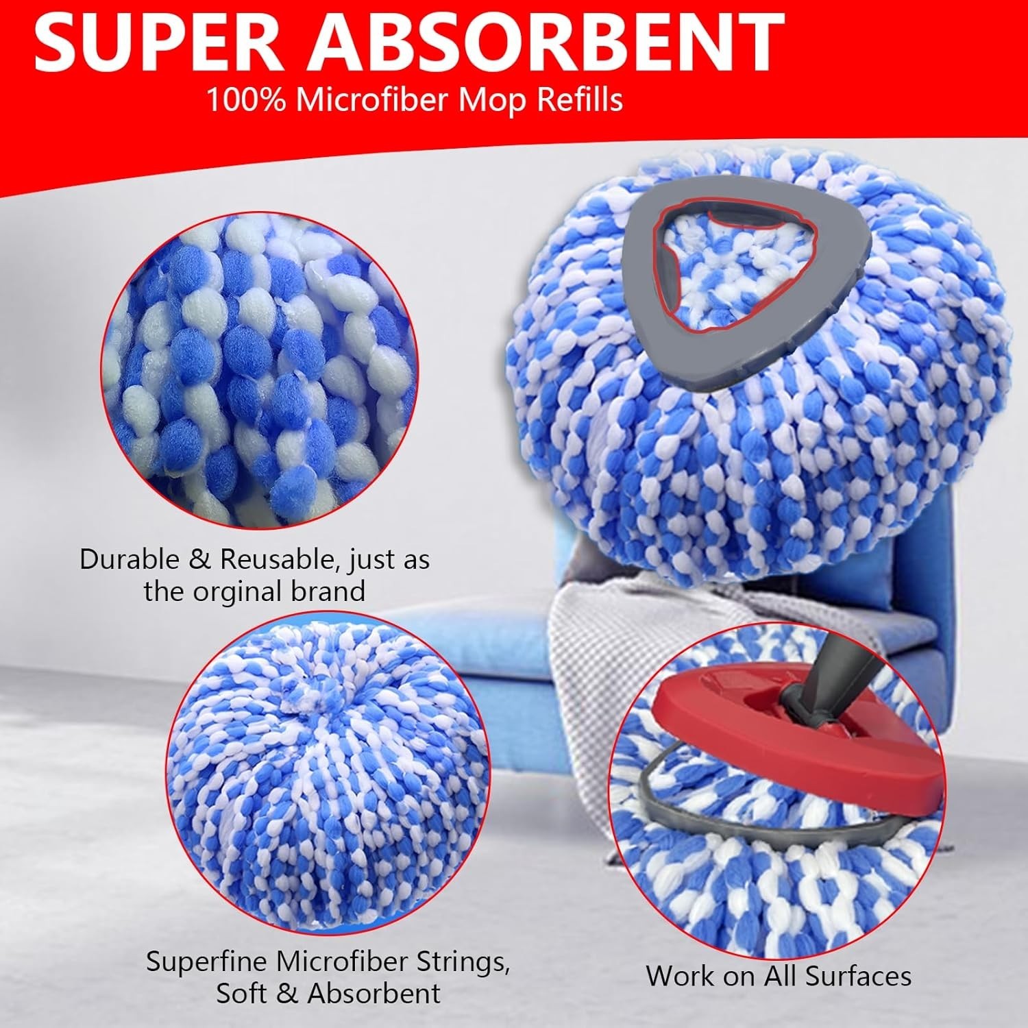 4 Pack Spin Mop Replacement Heads Compatible with O Cedar RinseClean 2 Tank Syst