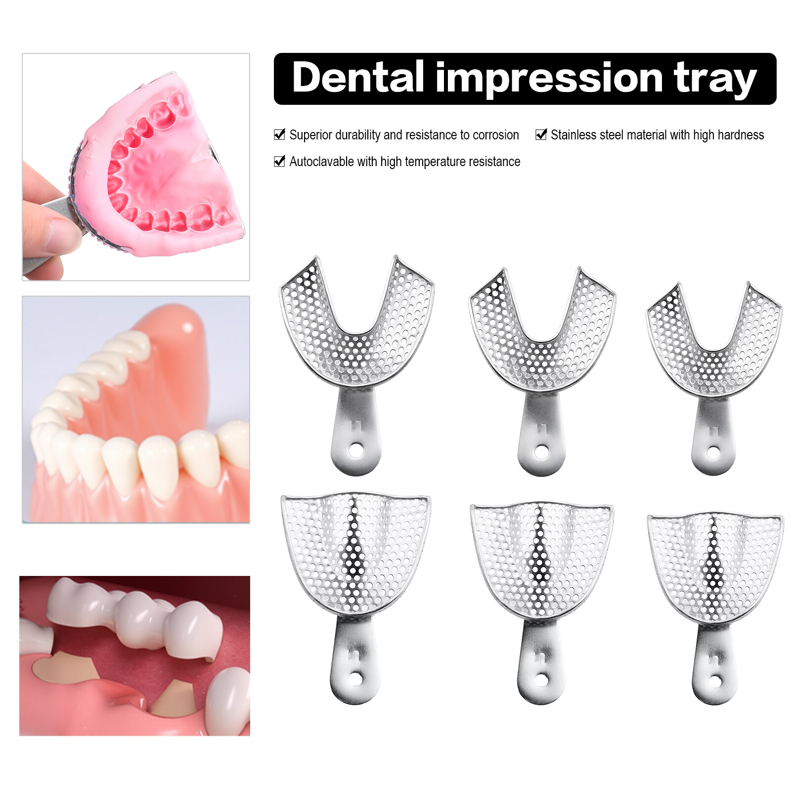 Set of 6 Autoclavable Stainless Steel S/M/L Upper & Lower Dental Impression Tray