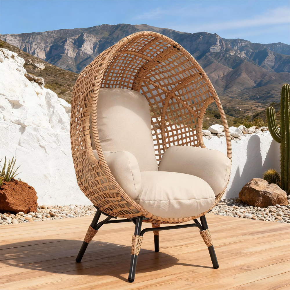 Elegant Arc Back Hanging Egg Chair PE Rattan Outdoor Indoor Swing 400lb Capacity