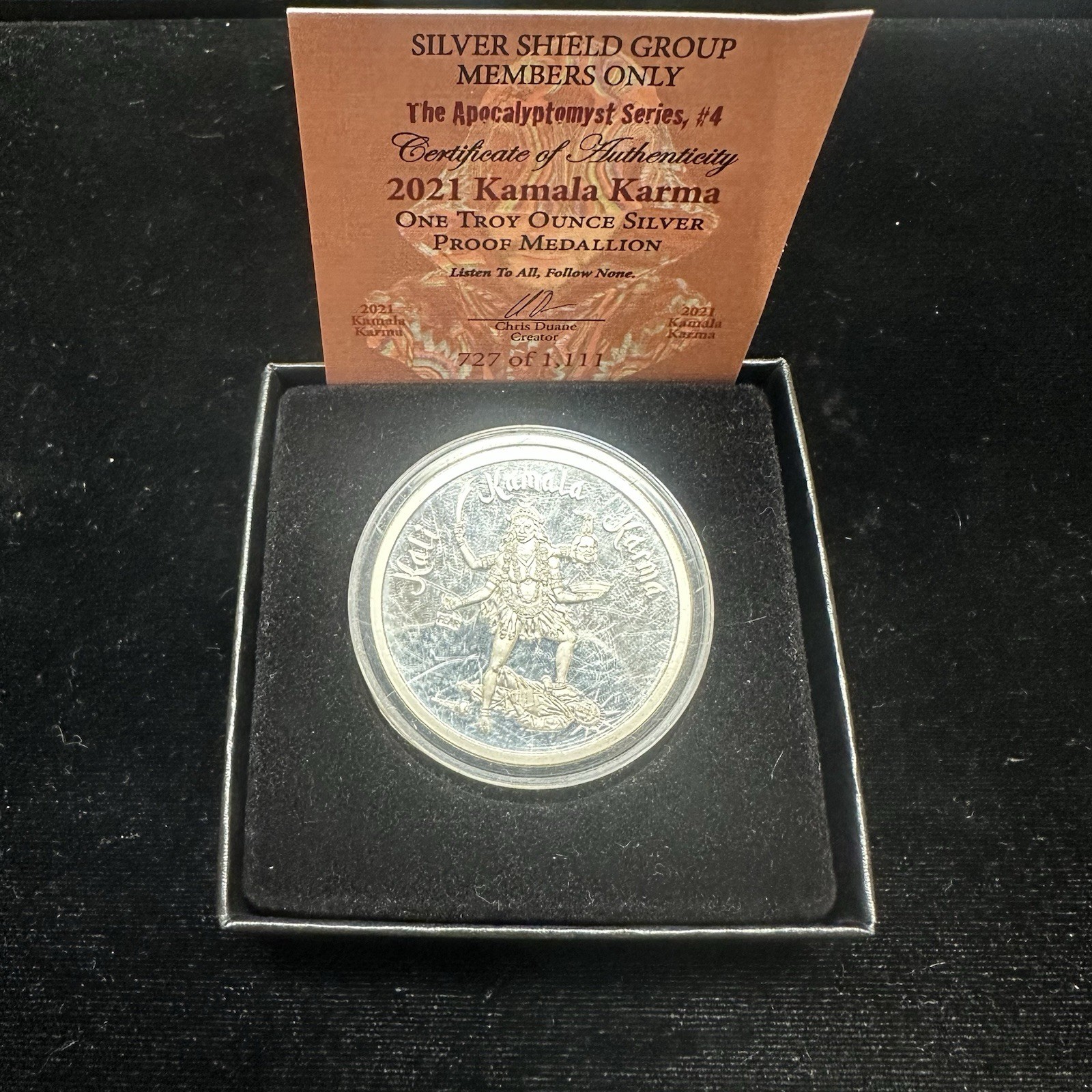 Kamala Karma  1 oz .999 FINE SILVER MICROMINTAGE 2021 Silver Shield Rare Proof