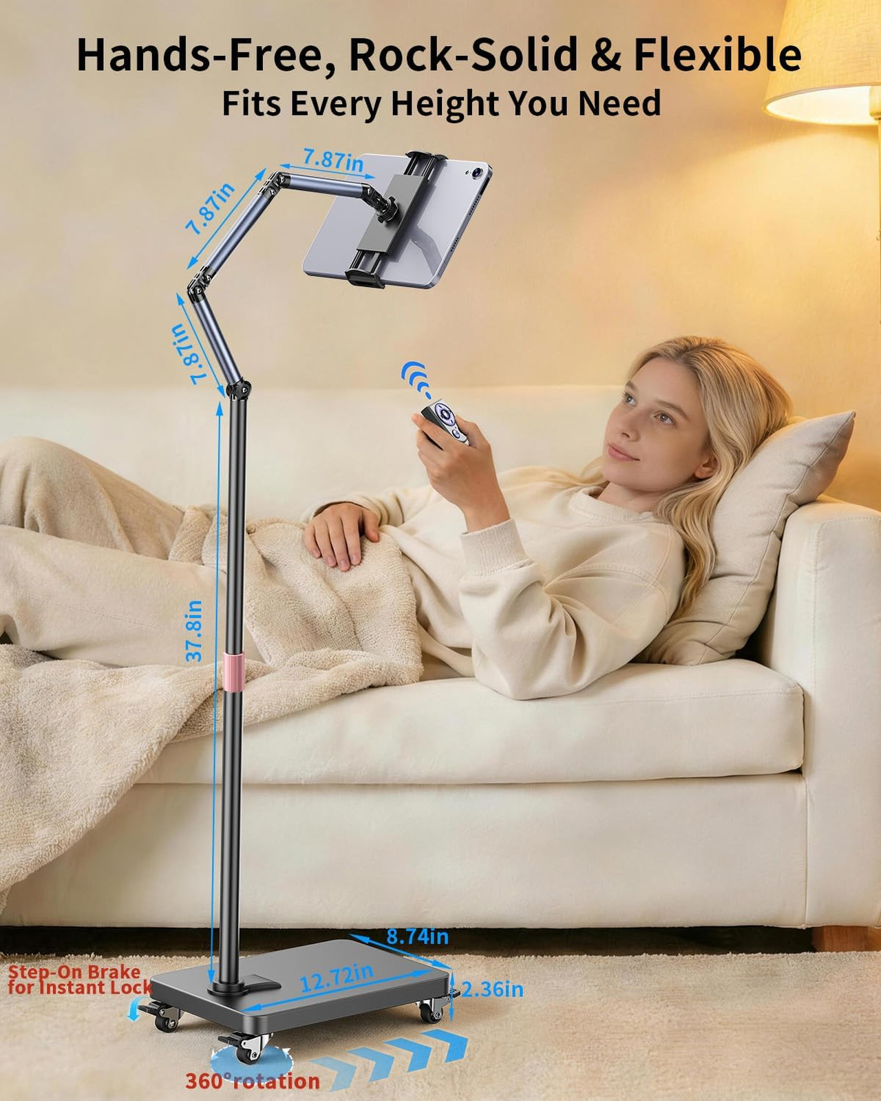 Rolling Tablet Floor Stand with Wheels, Adjustable Aluminum Arm, 360° Rotation