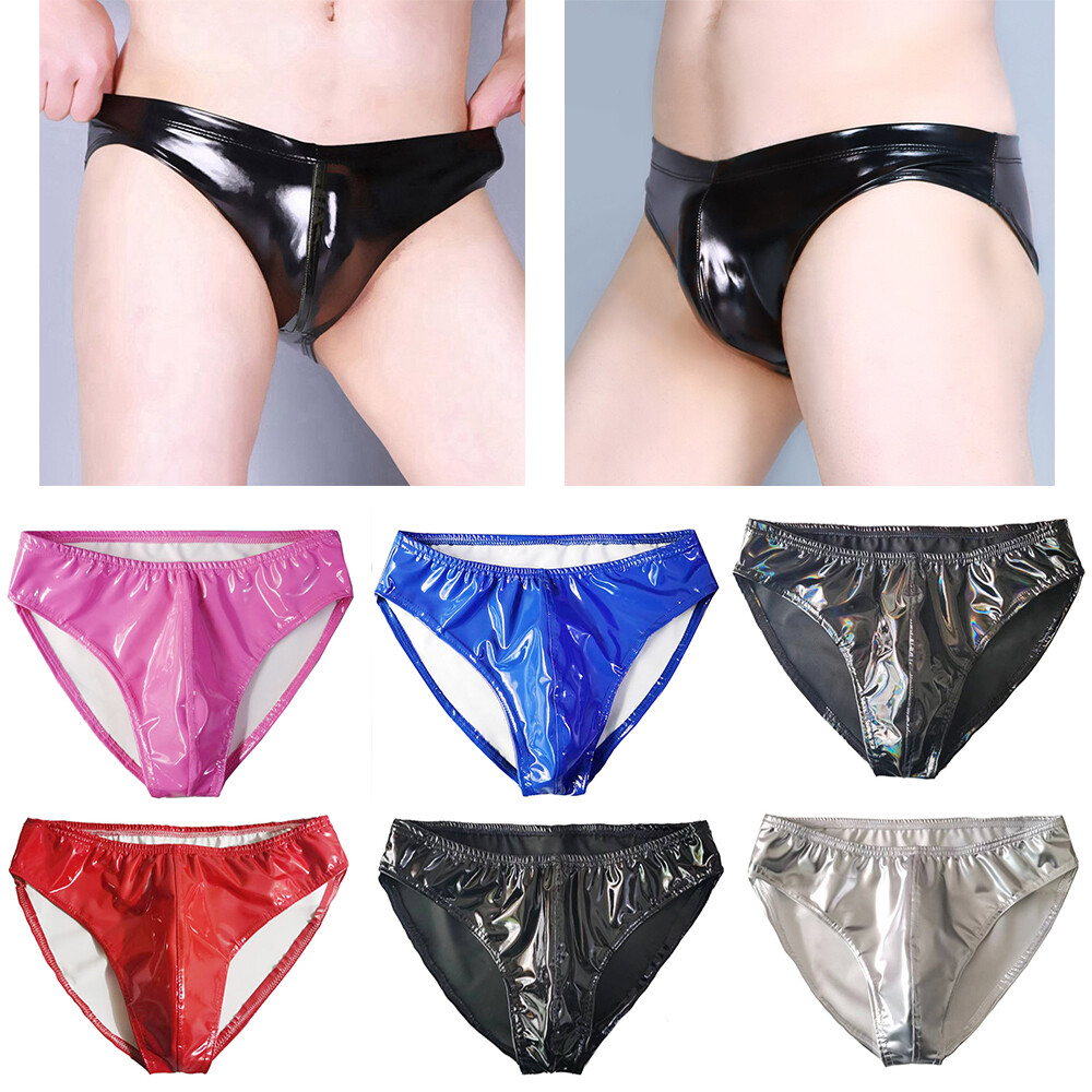 Mens Faux Leather Thong Wet Look Underwear Low Rise Swimwear Nightclub Briefs ✔