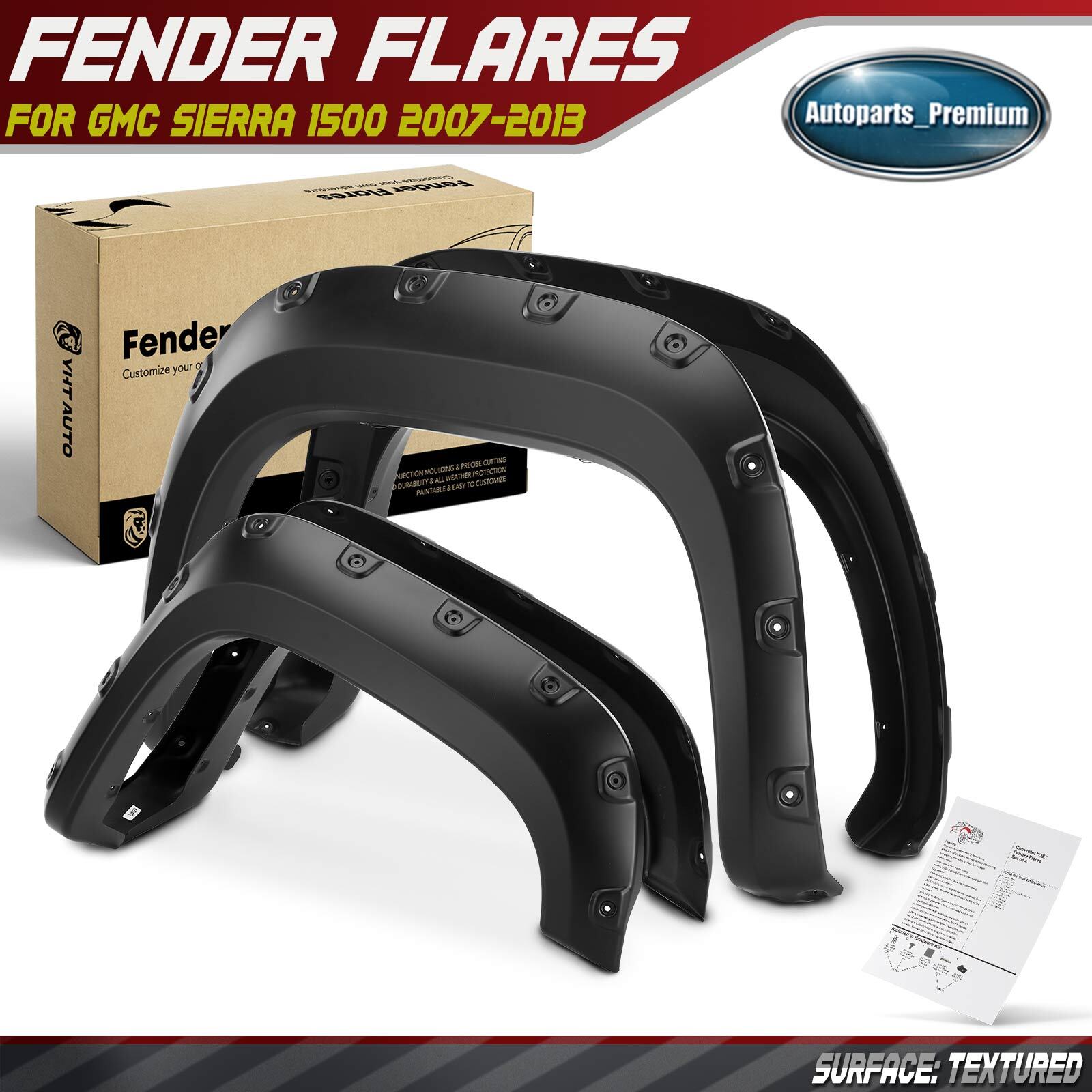 4x Pocket Style Textured Fender Flares for GMC Sierra 1500 2007-2013 Short Bed