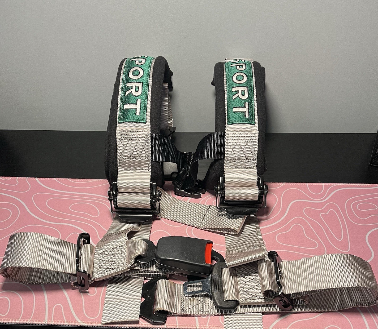 4 Point Bucket Racing Harness with Push Button Release, Heavy Duty Padded- Beige