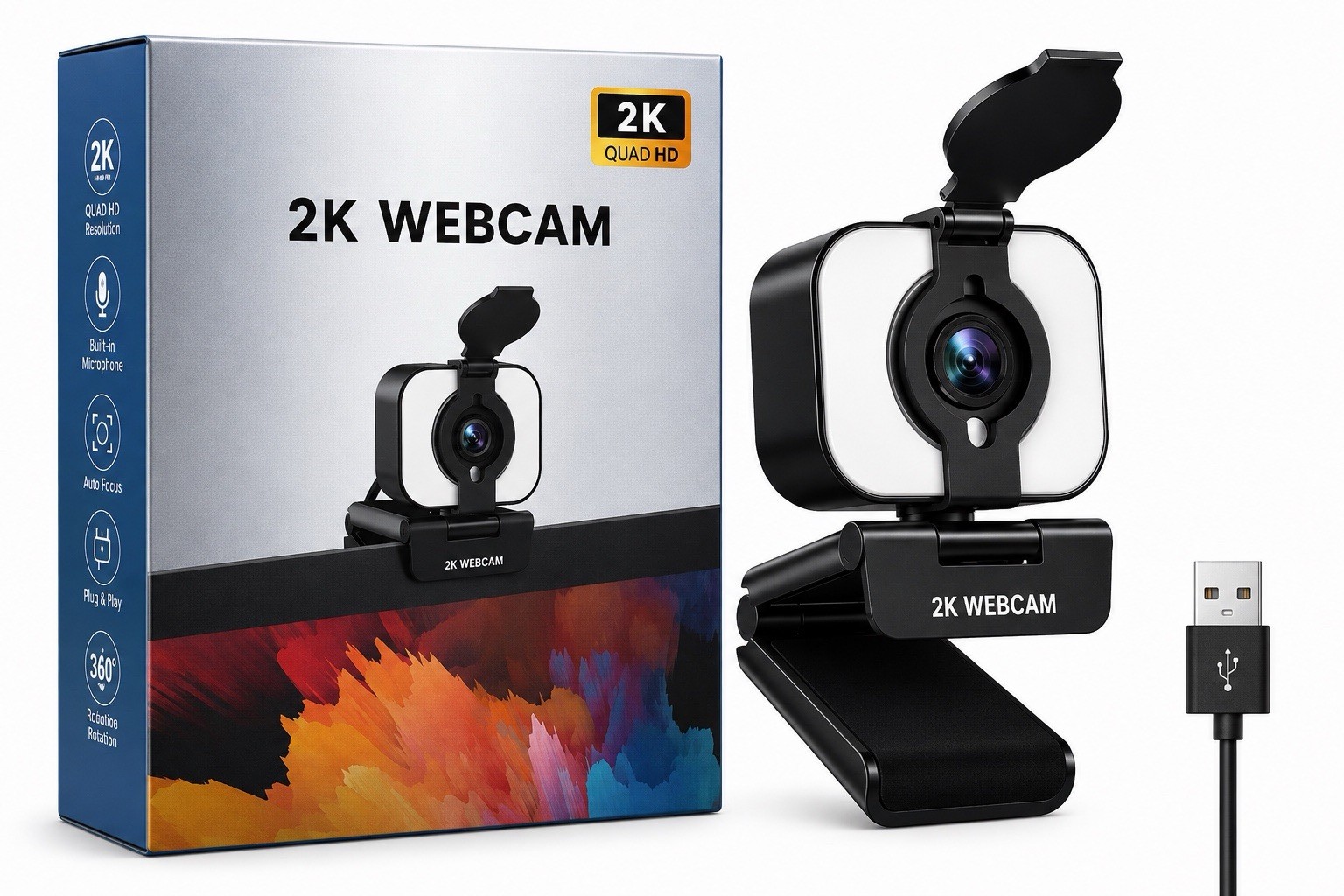2K Quad HD USB Webcam w/ Privacy Cover Auto Focus Mic Plug & Play for PC Mac