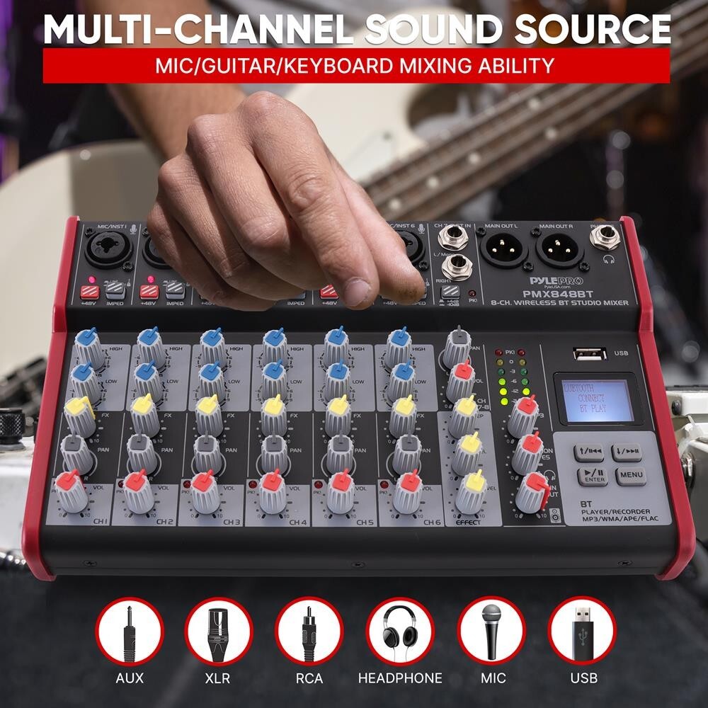 Pyle Professional 8-Channel Bluetooth Wireless DJ Mixer +48V PHANTOM POWER