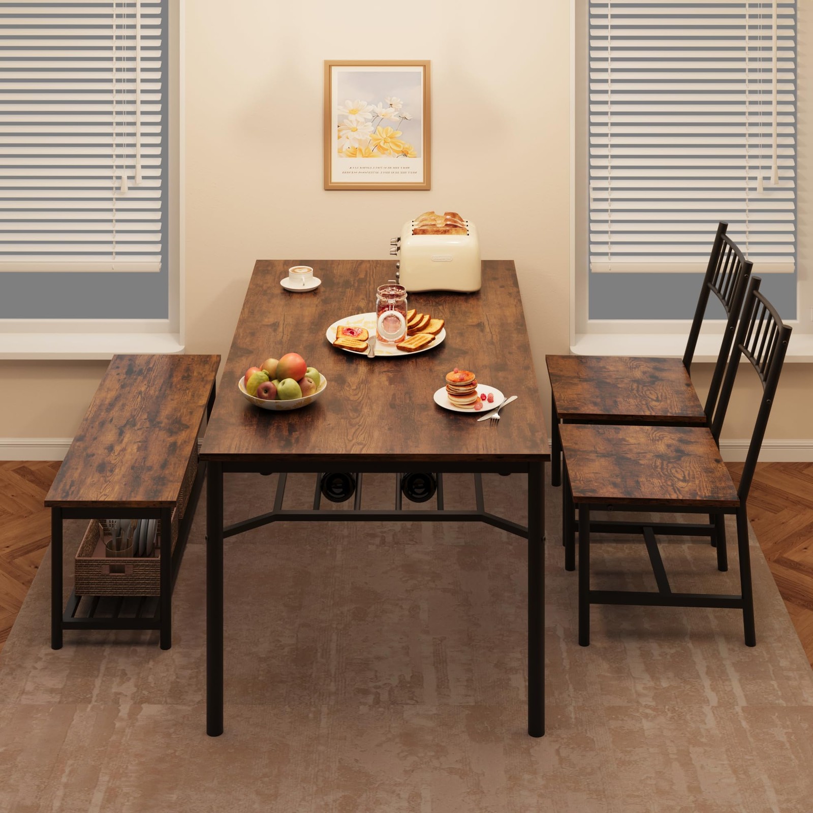 Dining Table Set for 4 ,Kitchen Table with Chairs & Bench and Storage Wine Rack