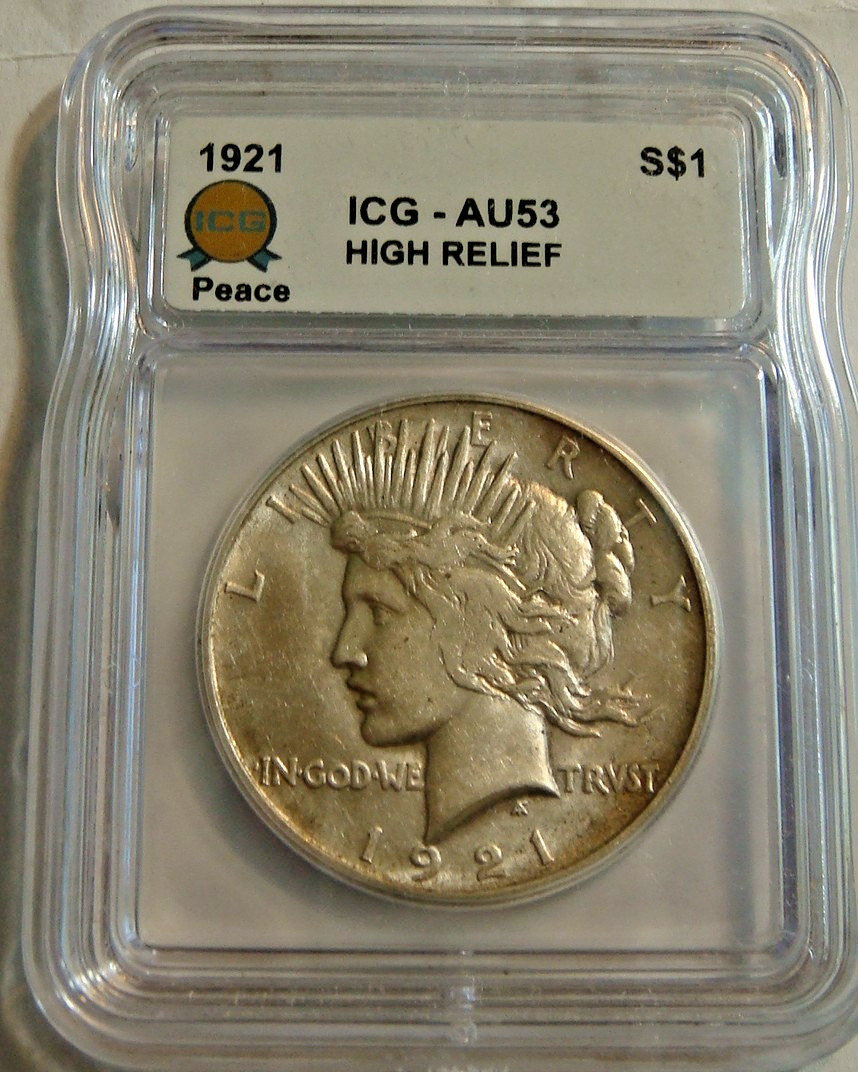 1921 High Relief Peace Dollar ICG AU53