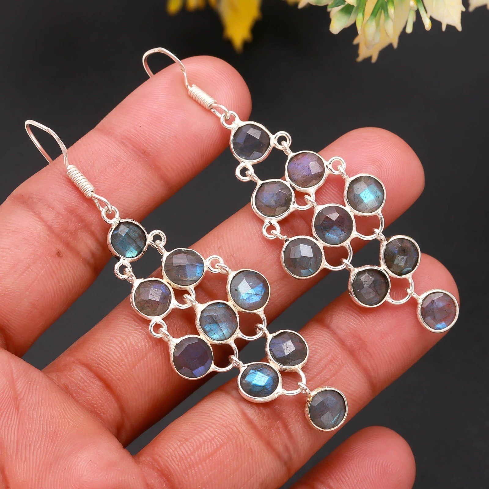 Labradorite Gemstone 925 Sterling Silver Bezel Dangle Earring Gift For her