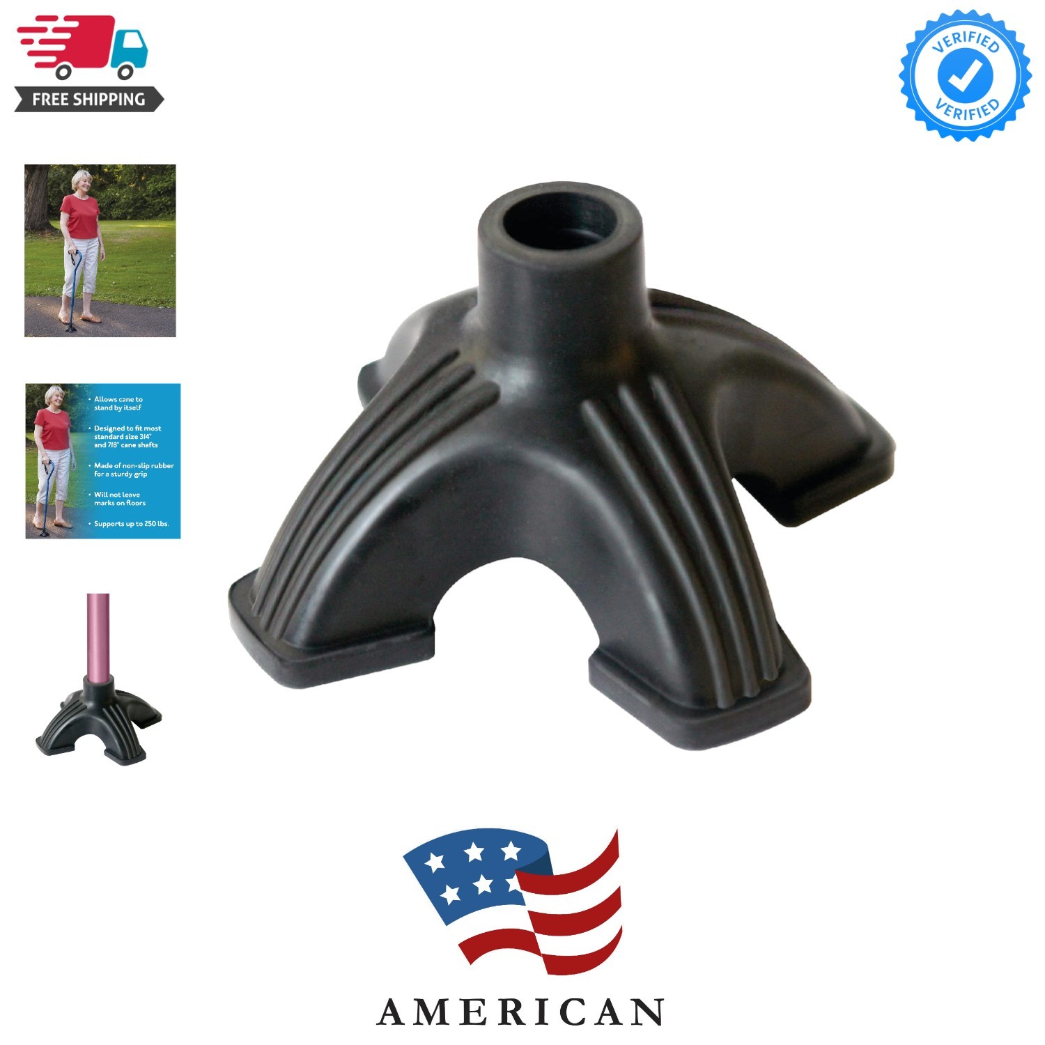 Self Standing Sturdy Non-Slip Rubber, Stabilizing Four Pronged Cane Tip, Quad...