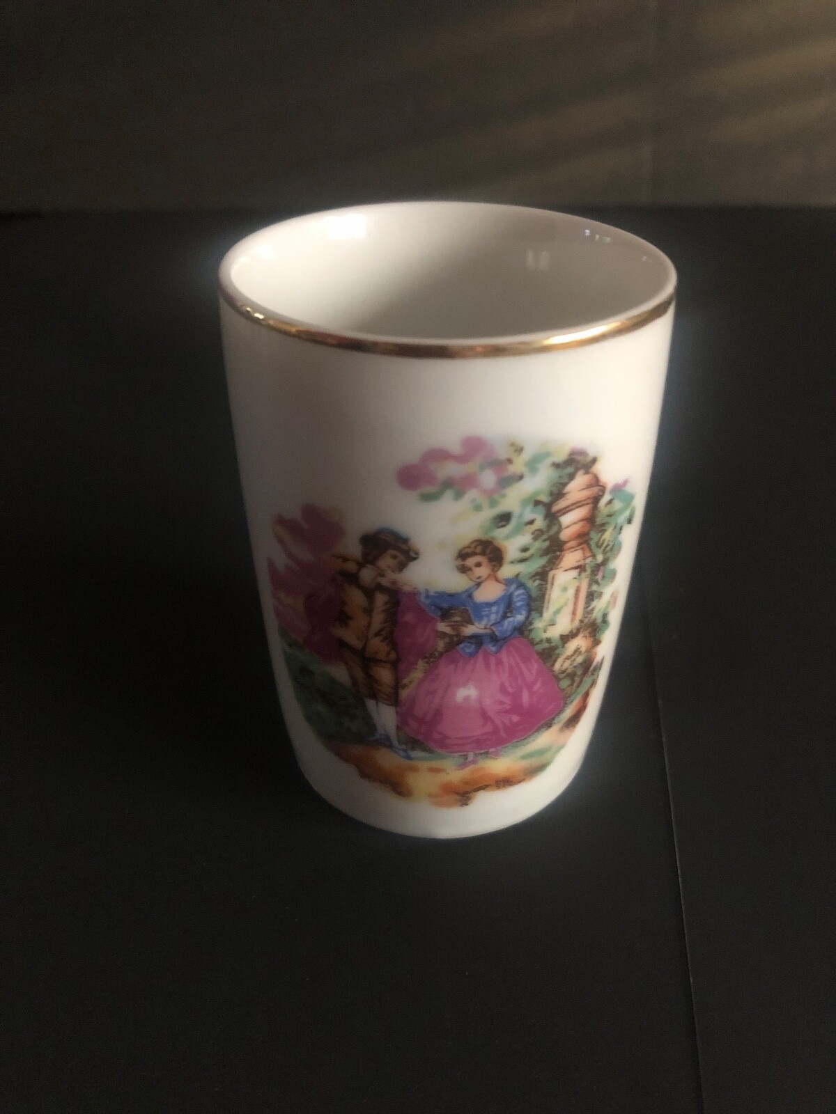 Vintage White Porcelain Bathroom Cup Holder with Gold Rim