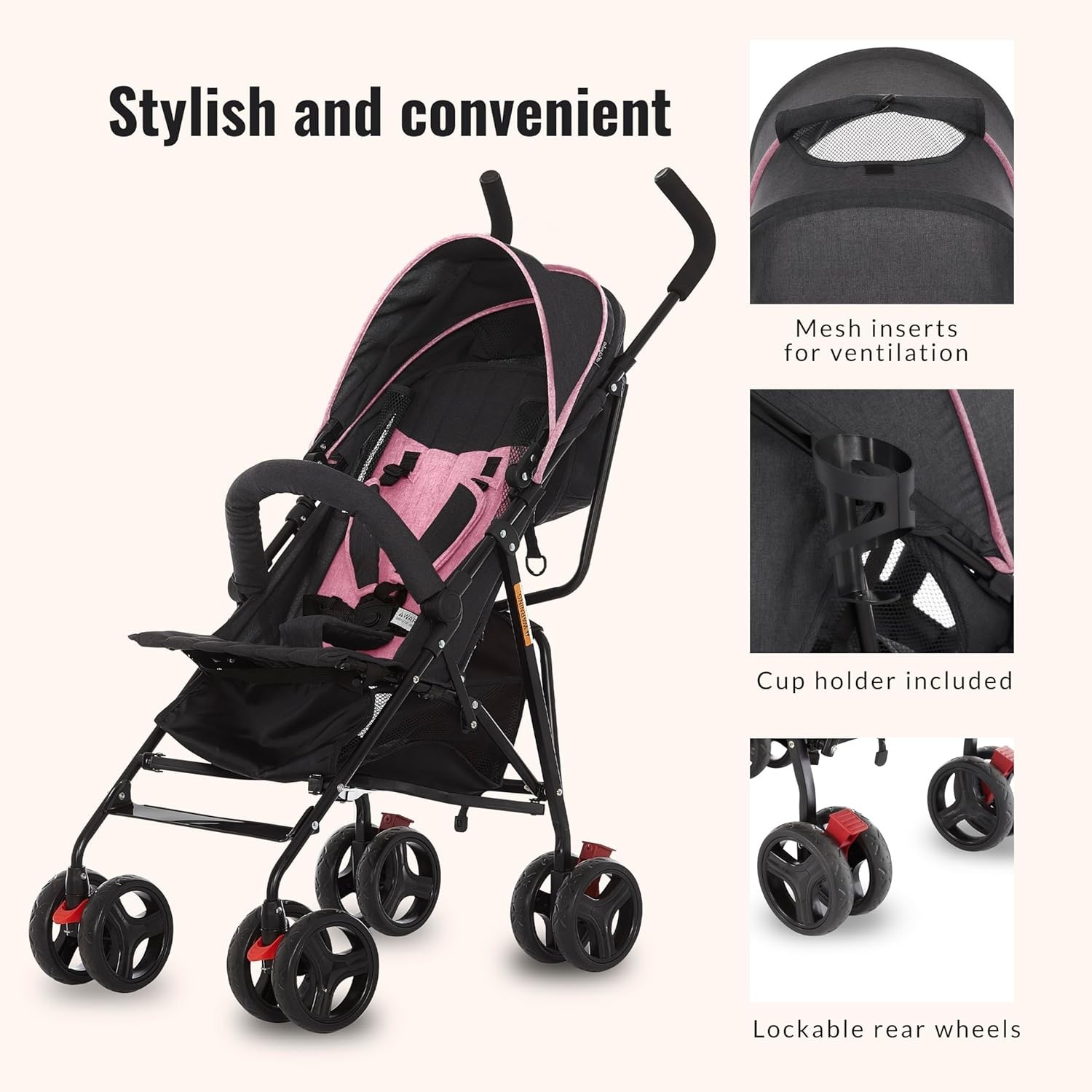 Multi-Position Reclining Umbrella Stroller with 10-Inch Back Wheels and Canopy