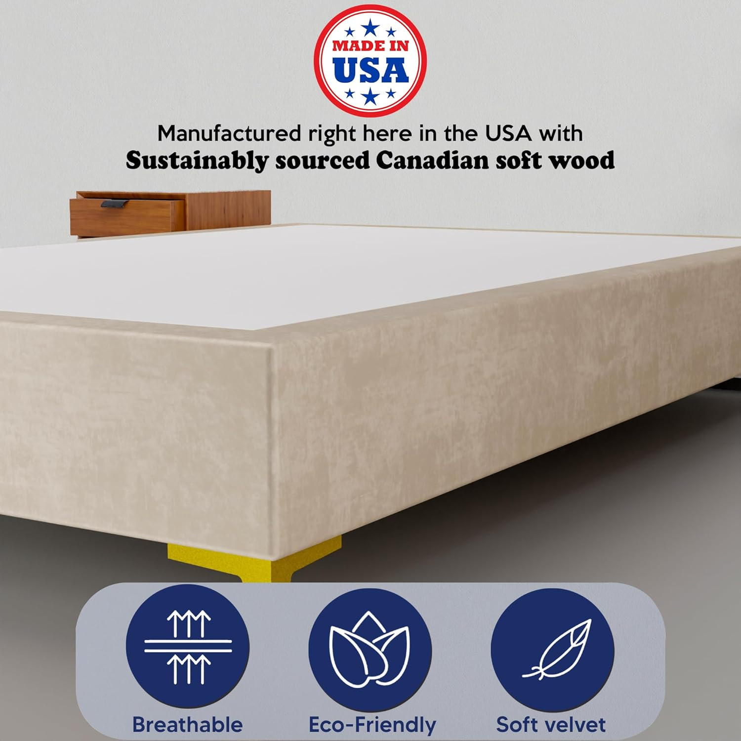 15" Velvet Wood Platform Bed, Queen, No Box Spring, Gold Legs, Beige