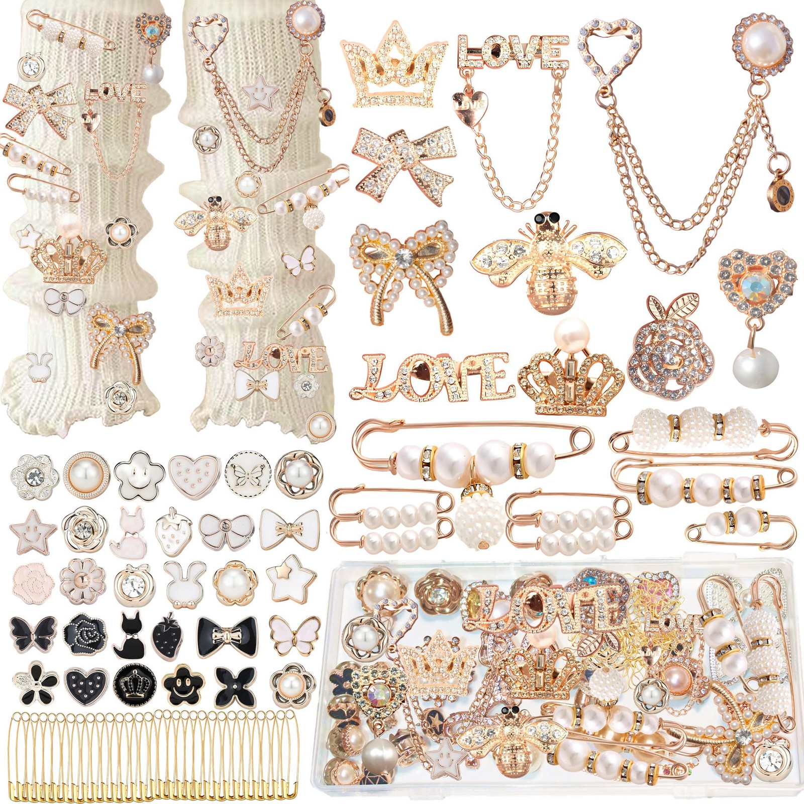 72Pcs Junk Socks Charms Kit, Gold Brooches and Pins for Women,Pearl and Rhine...