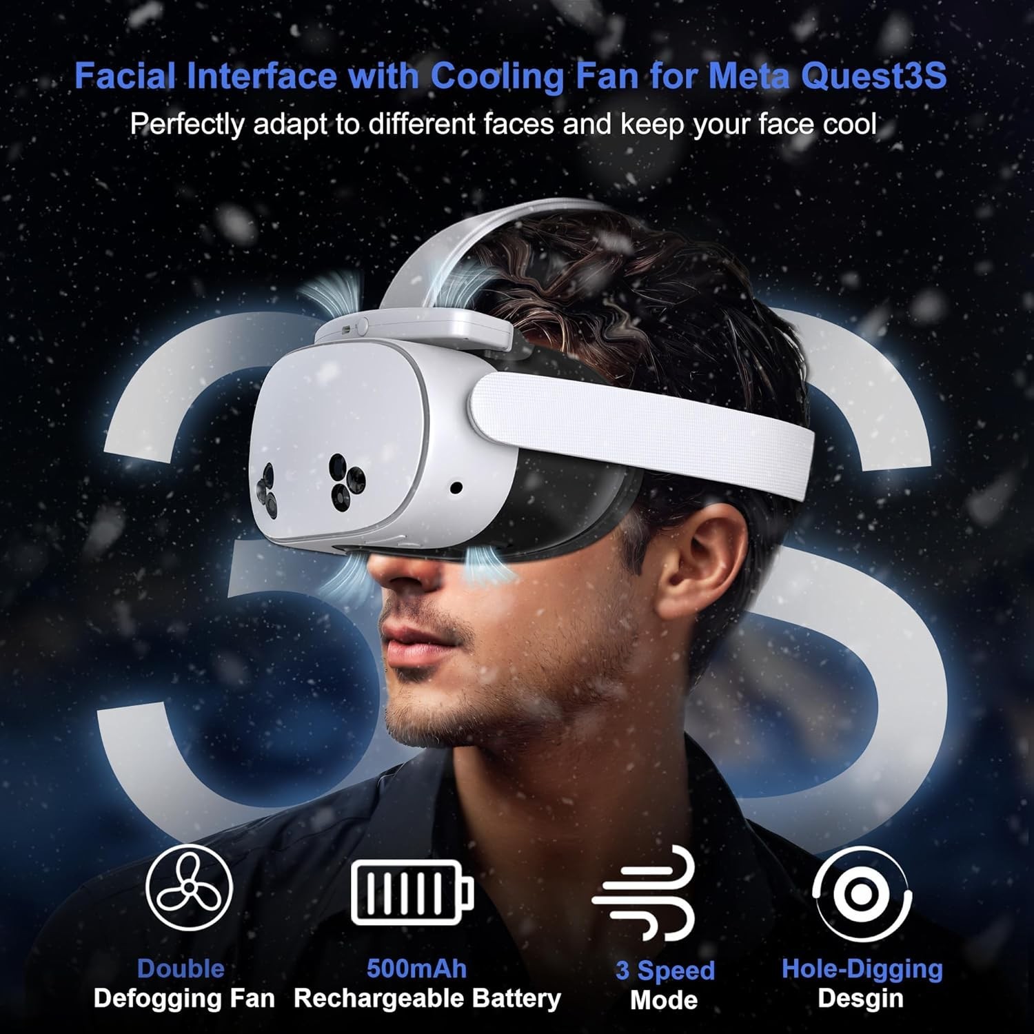 Facial Interface Cooling Fan for Meta Quest 3S Accessories, Soft PU Leather & Ic