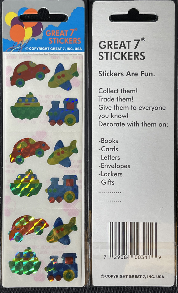 12 packages of Prismatic Toy Vehicle Stickers, "Great 7" Sticker Design, PPZ6112
