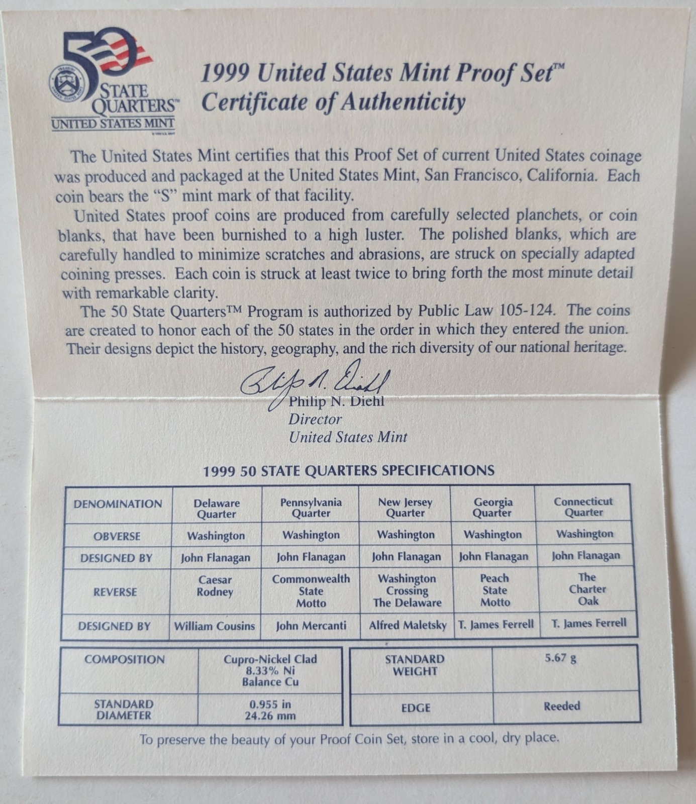 1999 Clad Proof Set U.S. Mint Original Government Packaging OGP COA