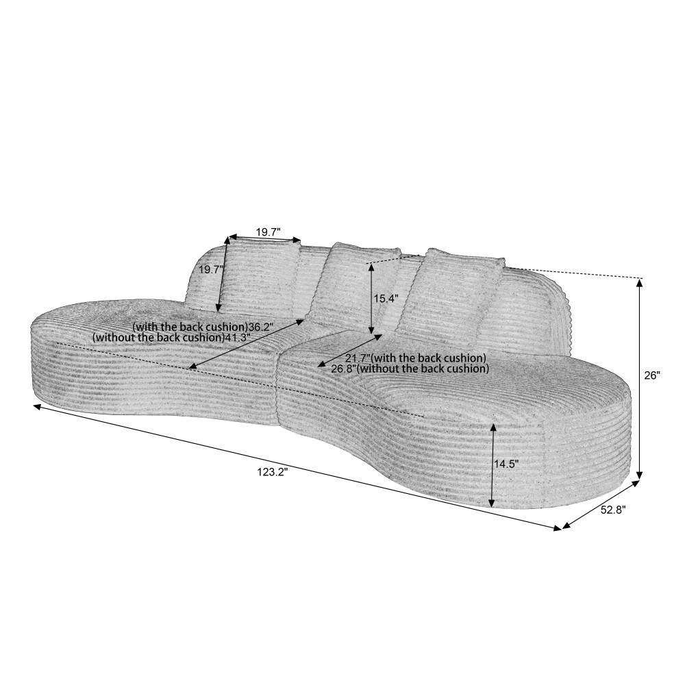 Corduroy Curved Sectional Sofa w/ Scatter Cushions, No Assembly, Light Grey