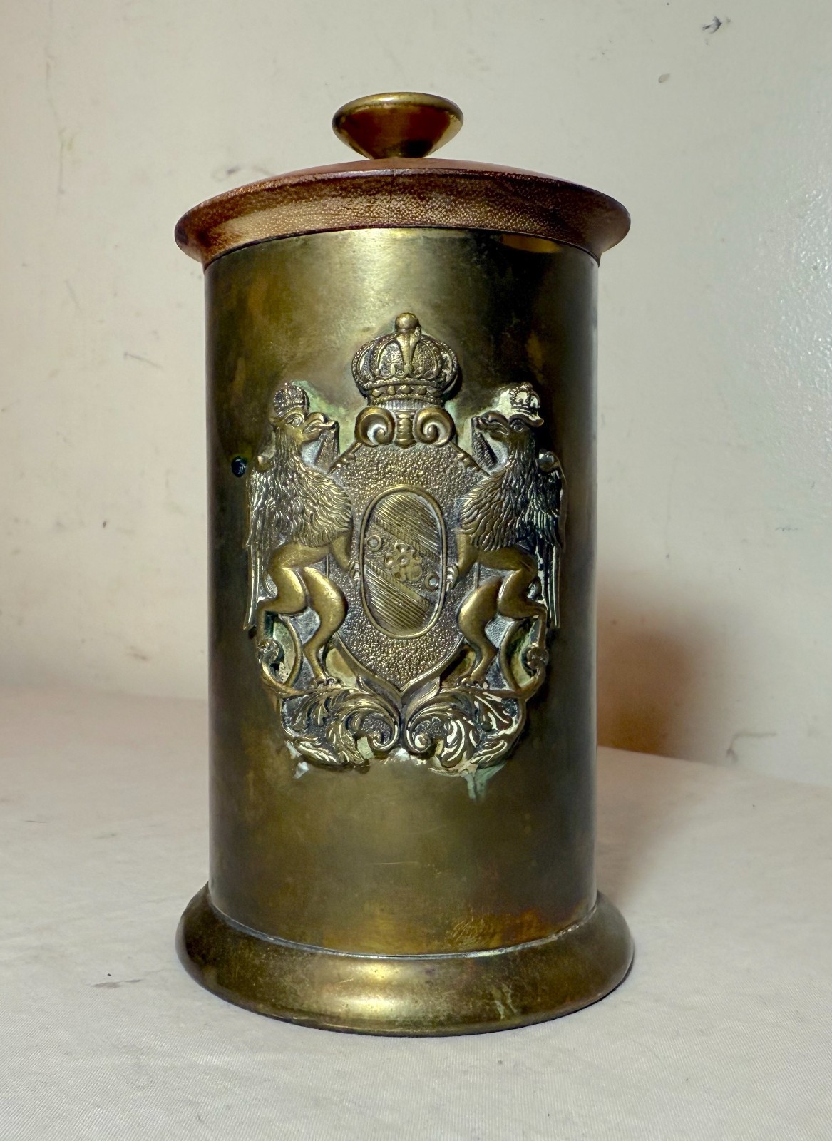 Antique ornate brass wood Italian armorial cigarette humidor box dispenser jar