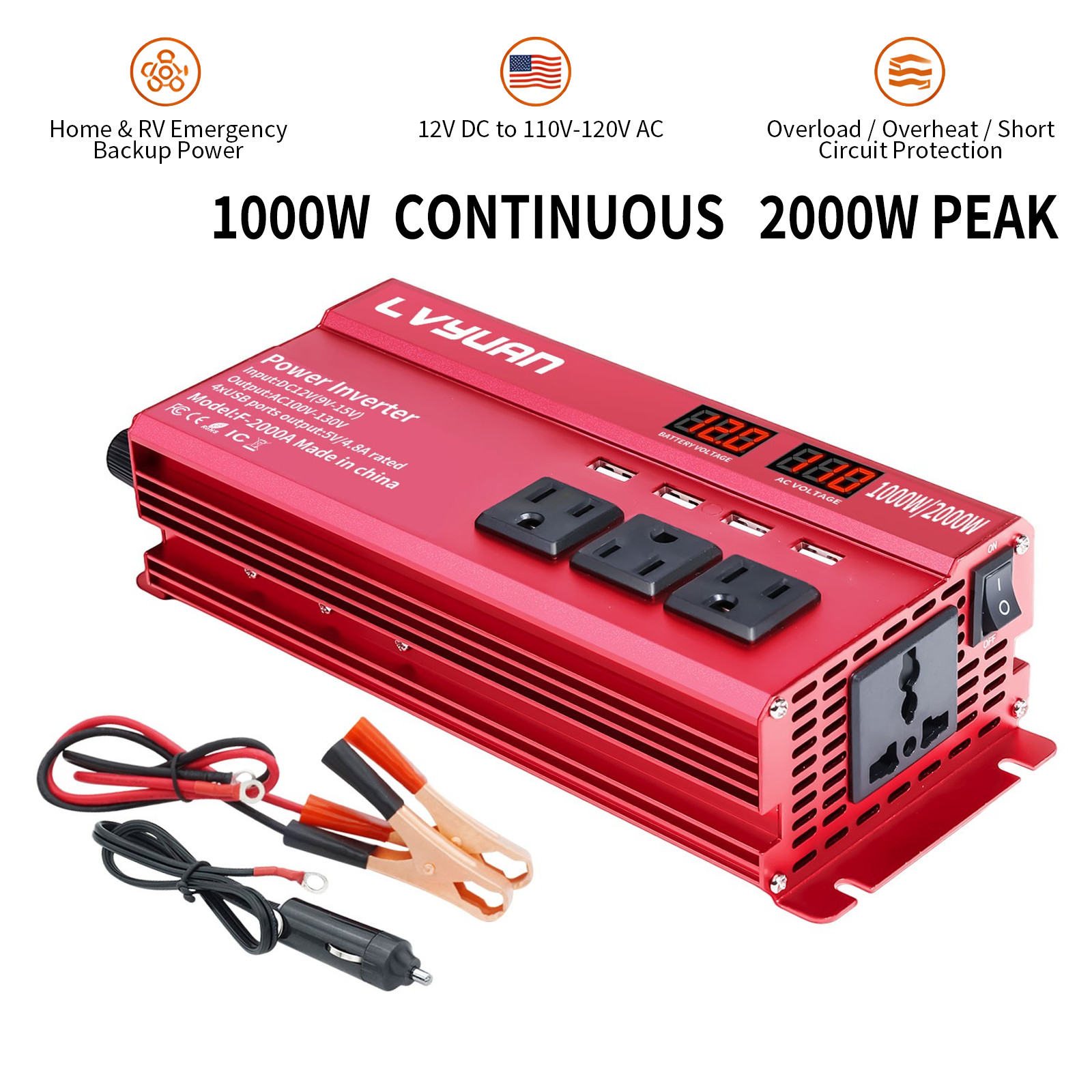 1000W 2000W Peak Power Inverter 12V to 110V Car Converter for Camping Road Trips