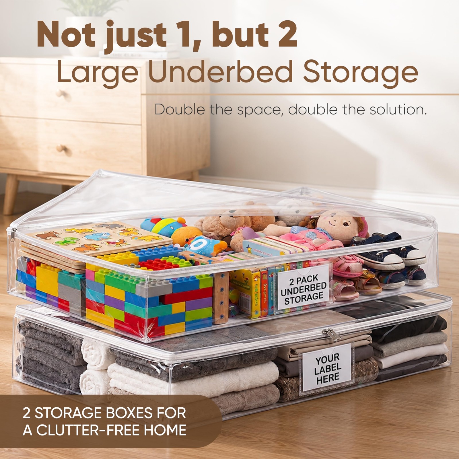 2 Pack Clear Underbed Storage Bags with Zipper and Label Pocket