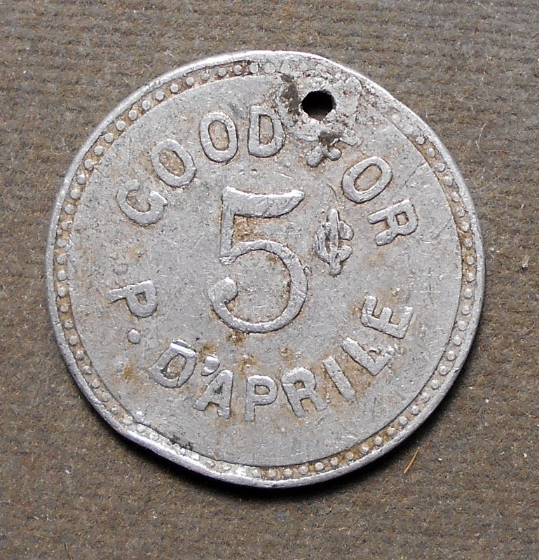 Buffalo NY: P. D’Aprile, Good For 5c   5 (In Stars). Aluminum, hole, 26mm, TC-6
