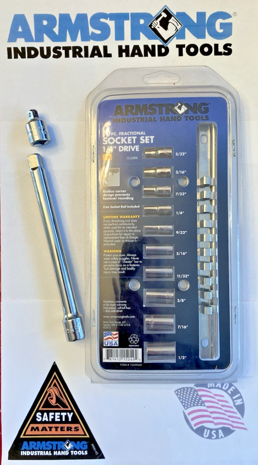 Armstrong USA MADE #15-249A  10pc SAE 1/4” Drive Socket Set W Rail + BONUS