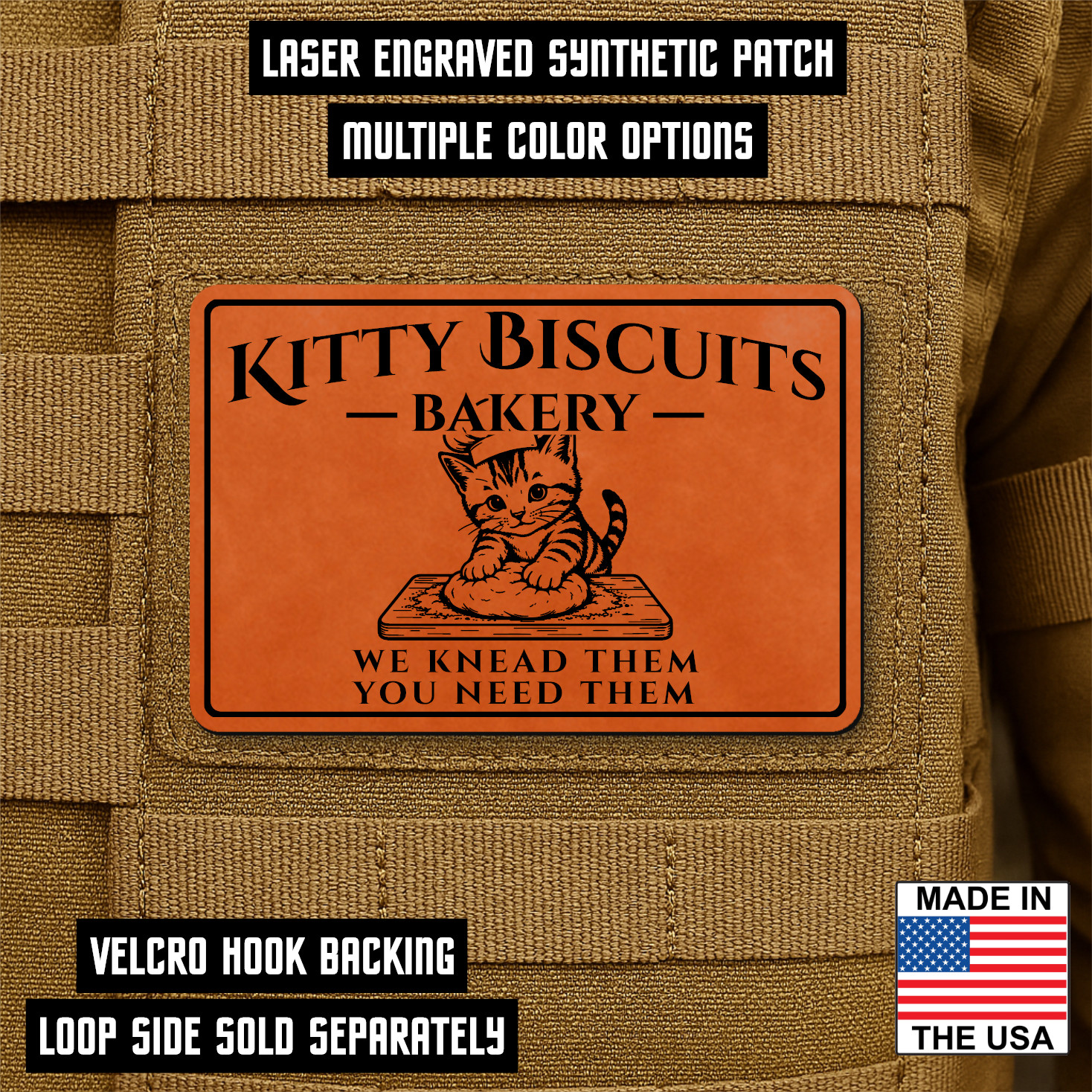Kitty Biscuits Bakery Funny Cat Morale Patch 2"x3" Hook & Loop - Laser Engraved