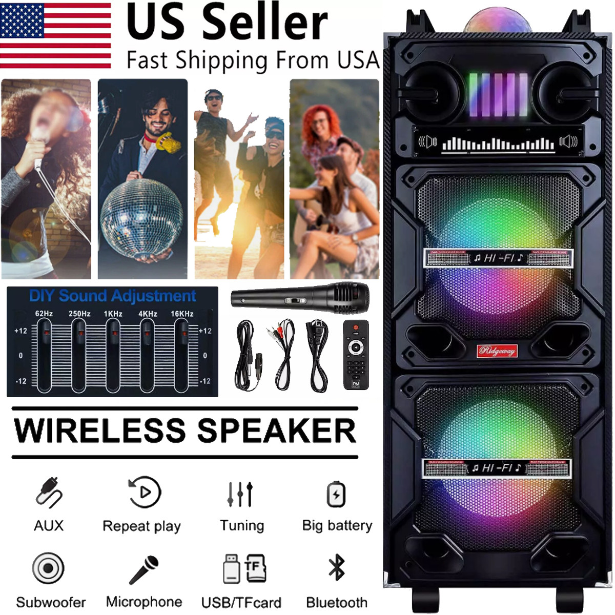 Portable Dual 10" Bluetooth Party Speaker PA System Karaoke DJ LED TWS Subwoofer