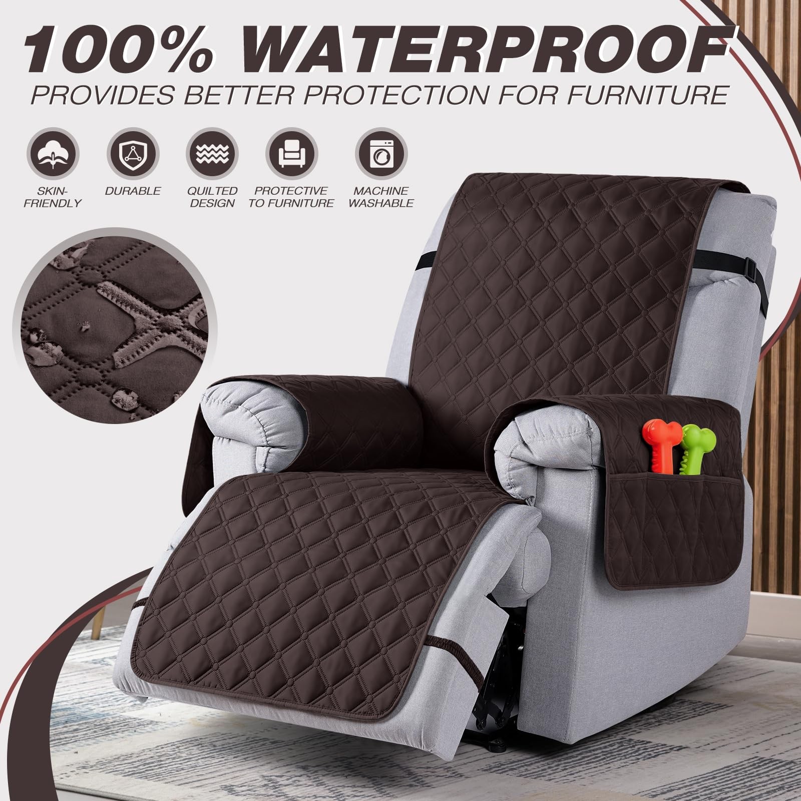 100% Waterproof Recliner Covers, Recliner Sofa Covers with Leg Straps, Revers...