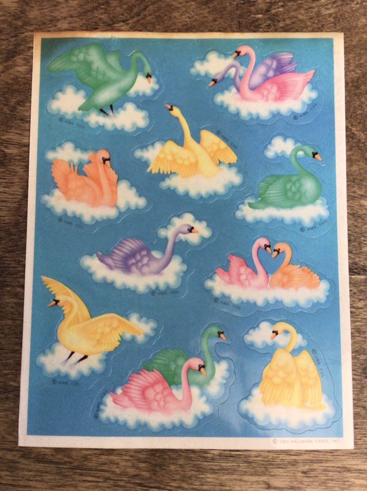 VINTAGE 1983 HALLMARK CARDS STICKER SHEET COLORFUL PASTEL SWANS NEW OLD STOCK