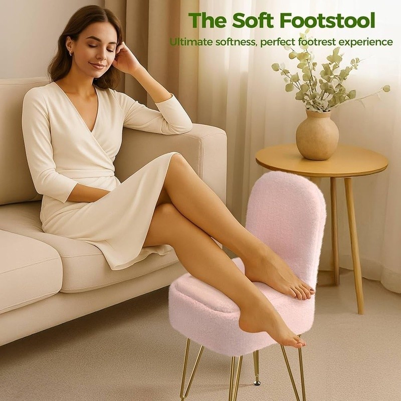Faux Fur Vanity Chair W/ Storage Adjustable Backrest Makeup Stool Footrest New