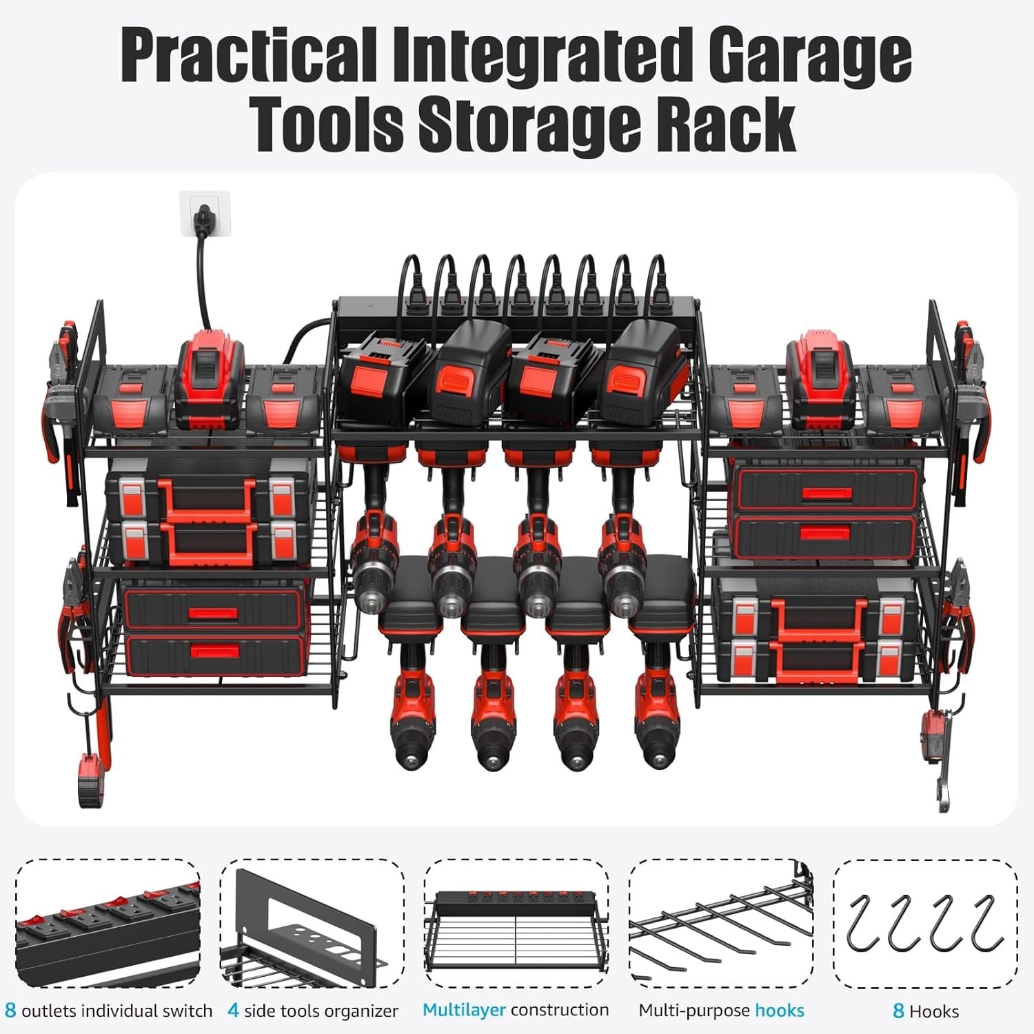 Black Power Tool Organizer Wall Mount, Large Tools and Battery Storage Rack C...