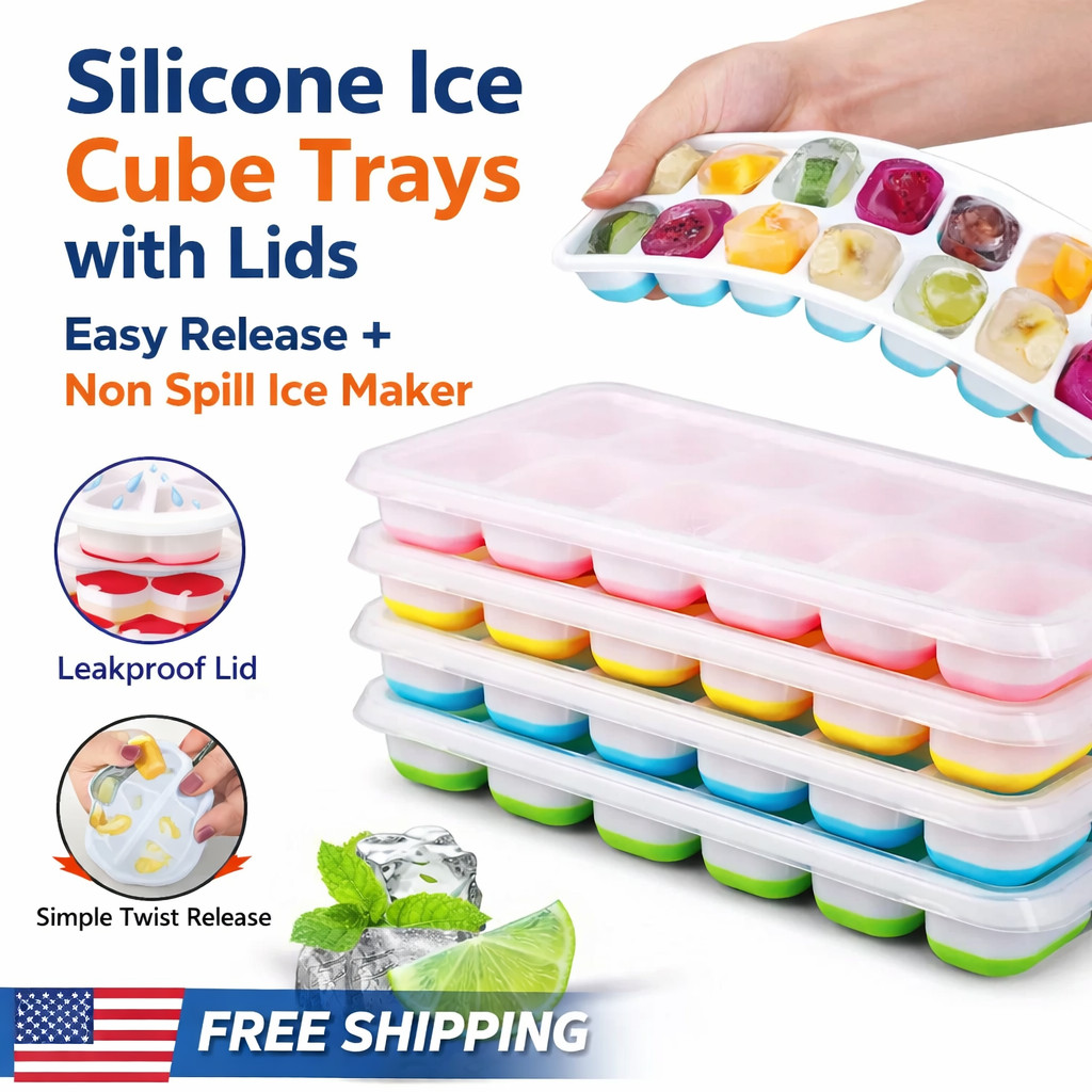Silicone Ice Cube Trays with Lids Easy Release Non Spill Ice Maker