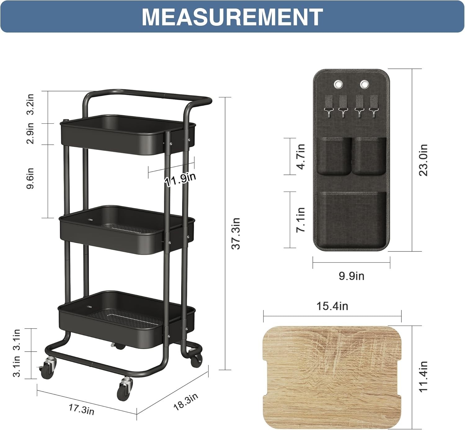 Versatile 3 Tier Metal Utility Rolling Cart with Locking Wheels - Black Finish