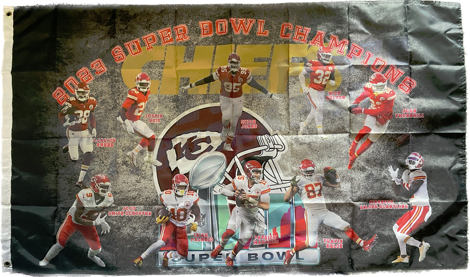 2023 Kansas City Chiefs Super Bowl Champs Flag Mahomes-Kelce-Pacheco-Jones