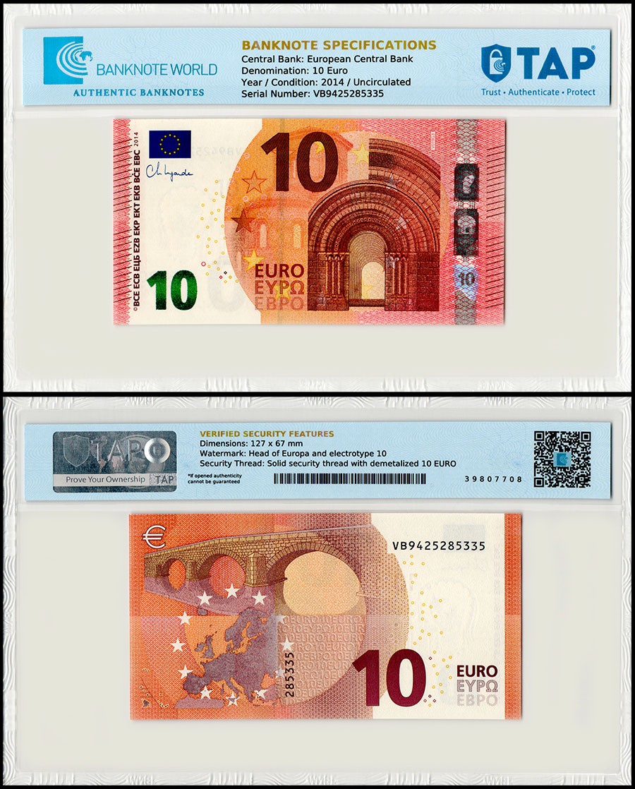 European Union 10 Euro, 2014, P-27v, UNC, Prefix V, TAP Authenticated