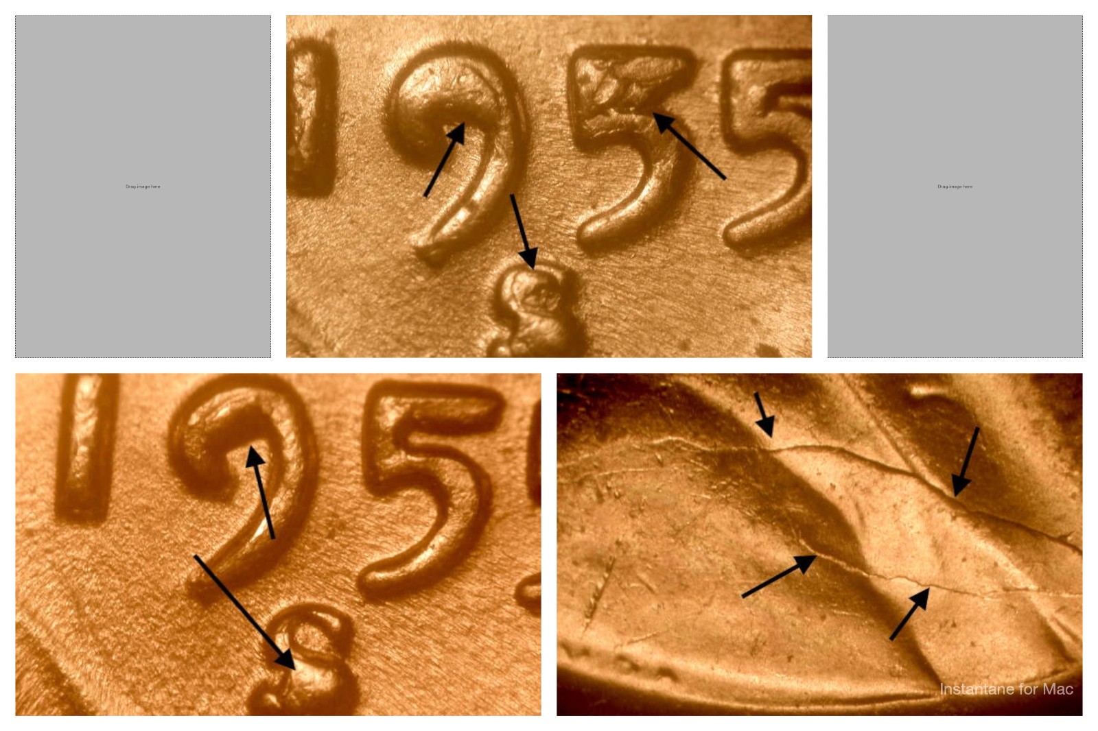3 Different 1955-S Ch BU Red Uncirculated Lincoln Cent Obv. Die Break Errors#4